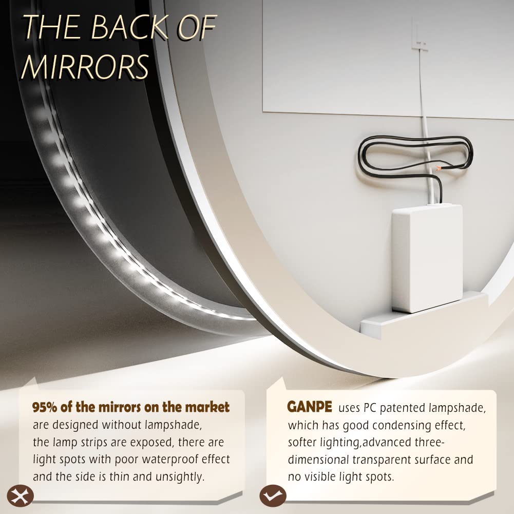 Ganpe Led Sensor Mirror, Round Human Body Induction, Black Framed Vanity Mirror, Illuminated Dimmable Anti Fog Ip44 Waterproof W
