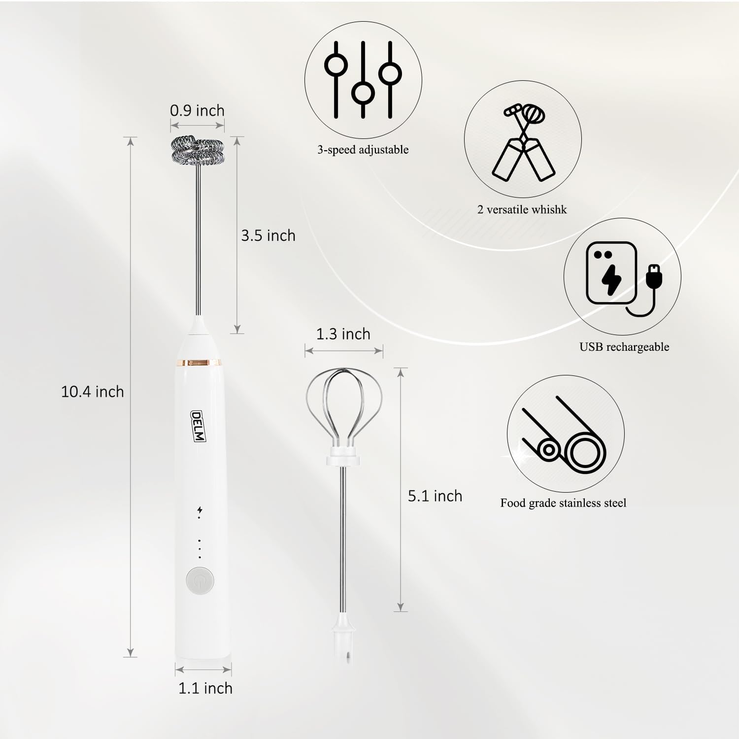 Delm Milk Frother Electric Usb Stainless Steel Accessory - Frother Wand Foam Maker For Lattes - Milk Frother Handheld For Cappuc