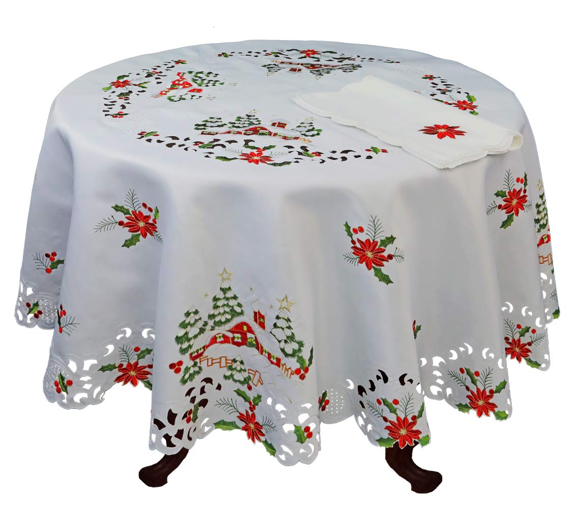Creative Linens Holiday Christmas Tablecloth 68'' Round With 8 Napkins Embroidered Red Poinsettia Christmas Tree Snowy Cabin Tab