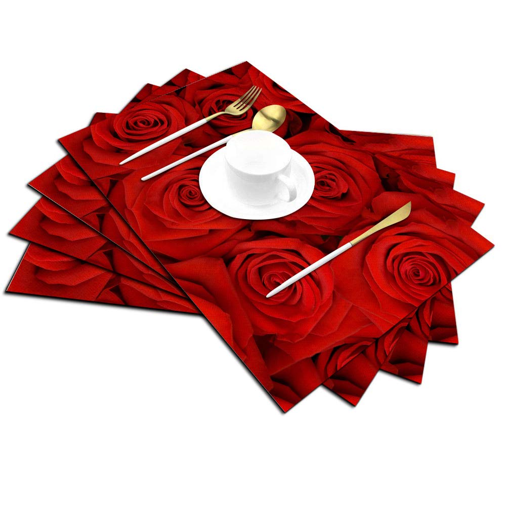 Red Rose Placemats Set Of 4, Beautiful Red Rose Placemats Heat Resistant For Dining Table Non-Slip 18X12 Inches