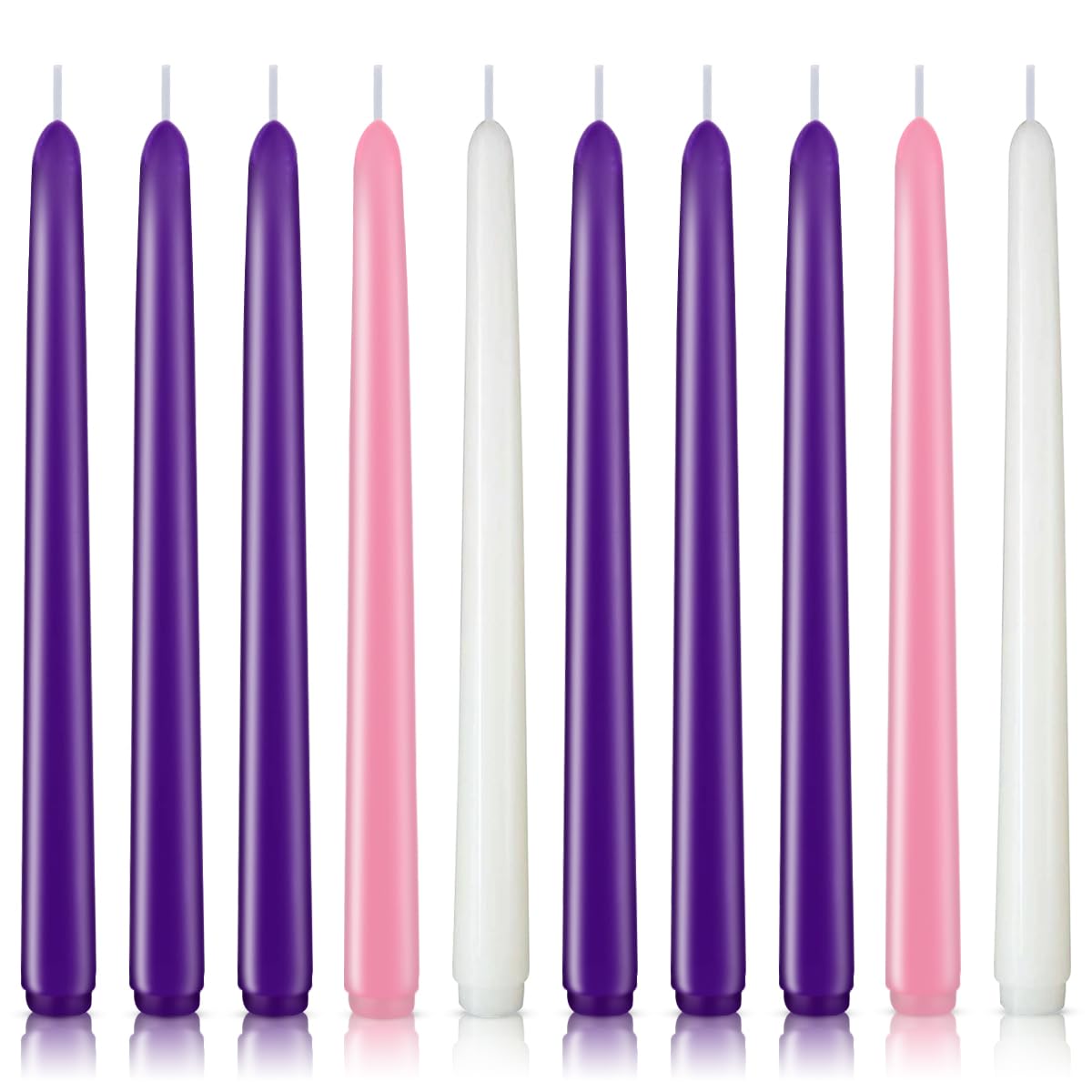 Advent Candle Set - 10 Pack of 10-Inch Taper Candles (2 Group of 3 Purple, 1 Pink and 1 White) for Christmas Advent Wreath, Unsc