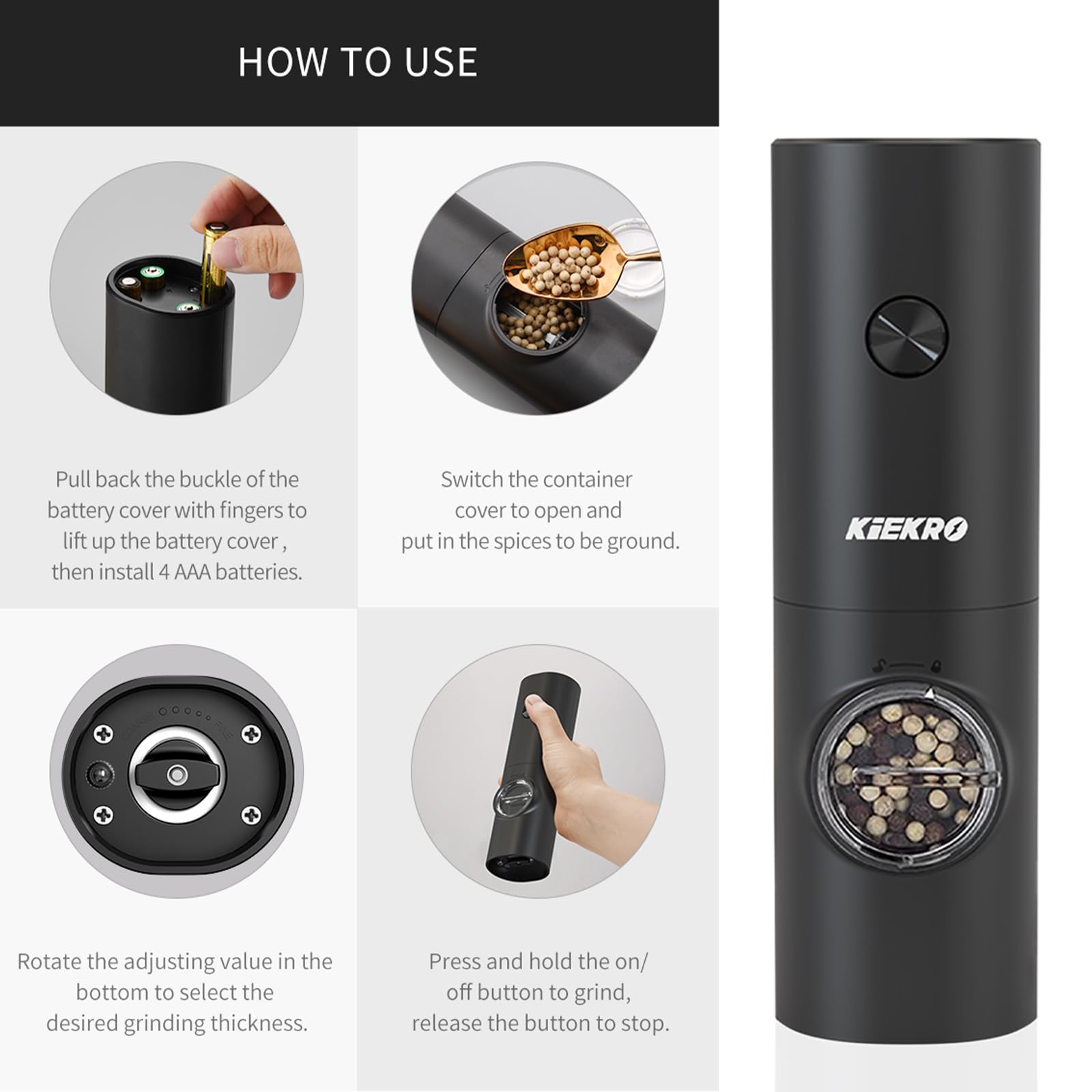 Kiekro Electric Salt And Pepper Grinder Set, Battery Operated Salt And Pepper Grinder (Without Battery), Kitchen Gadget With Whi