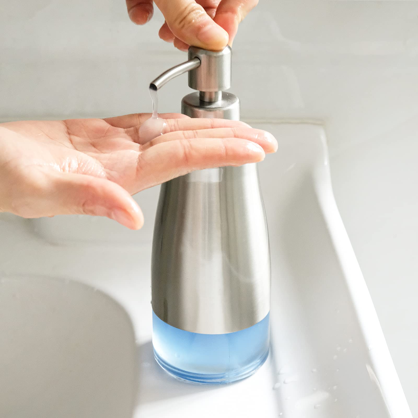 Aumio 2 Pack Soap Dispenser Stainless Steel Case Glass Liner Hand Pump Dispenser