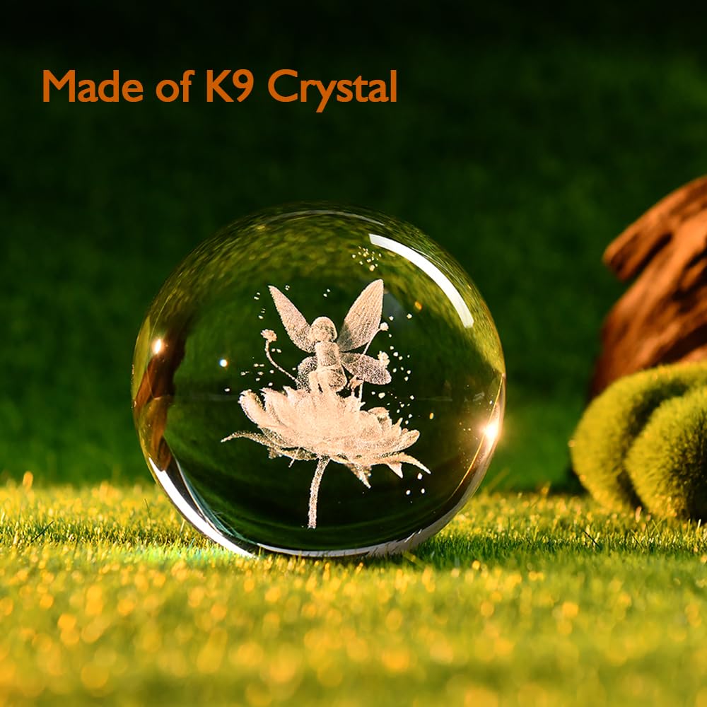 ZRENJHUS Flower Fairy Crystal Ball Fairy with Flower Glass Decor 3D Engraving Decorative Ball Light Gifts for Girls Women Fairy