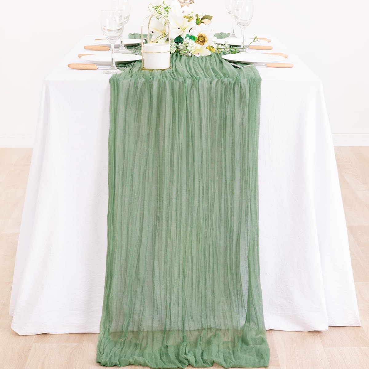 Mlmc St. Patrick'S Day Sage Green Cheesecloth Table Runner 10Ft Rustic Gauze Cheese Cloth Table Runner 35X120 Inches For Spring