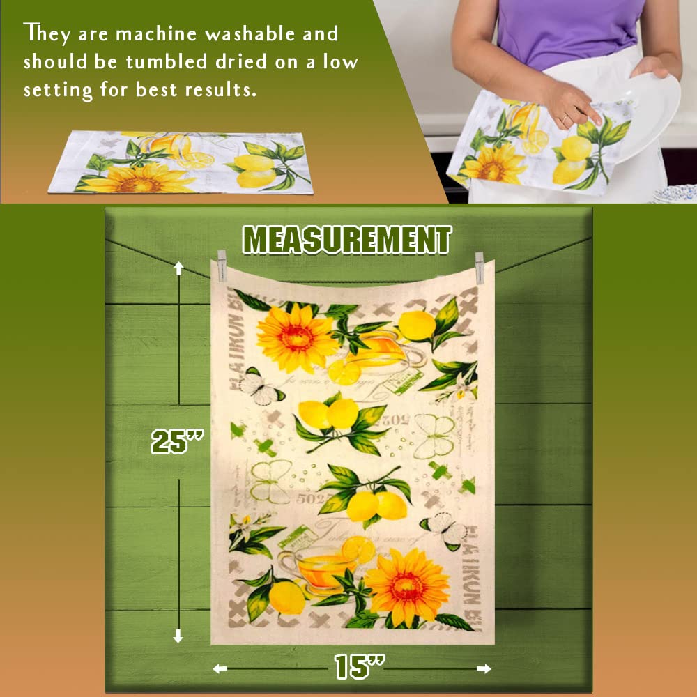 Lobyn Value Packs 4 Pack Absorbent Lightweight Kitchen Dish Towels 15X25 Cotton Poly (Lemon Flowers)