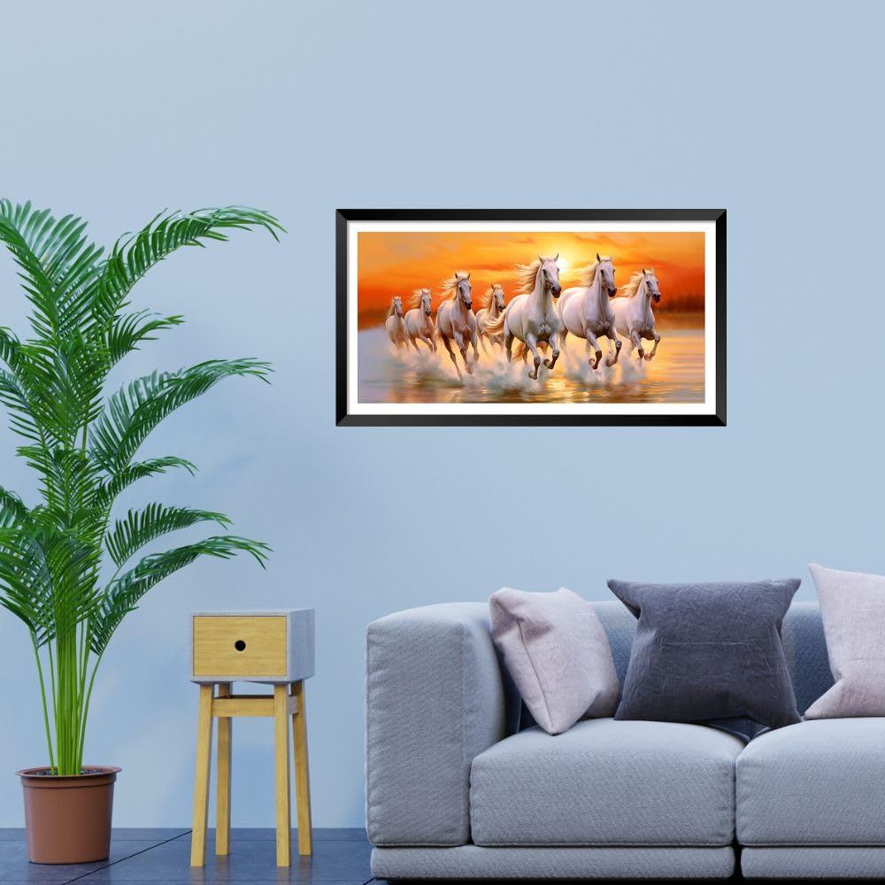 Decorsmantra Seven White Running Horses Vastu Paintings For Living Room|7 Running Horses Vastu Painting Wall Decoration|Vastu Ph
