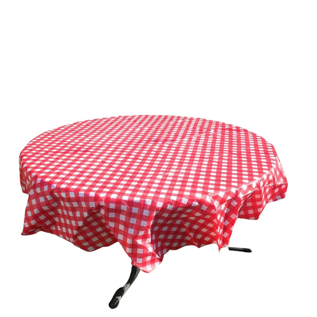 Oojami Pack Of 4 Round Checkered Tablecloth - Red & White Plastic Disposable Table Covers For Parties And Events - 78 Diameter