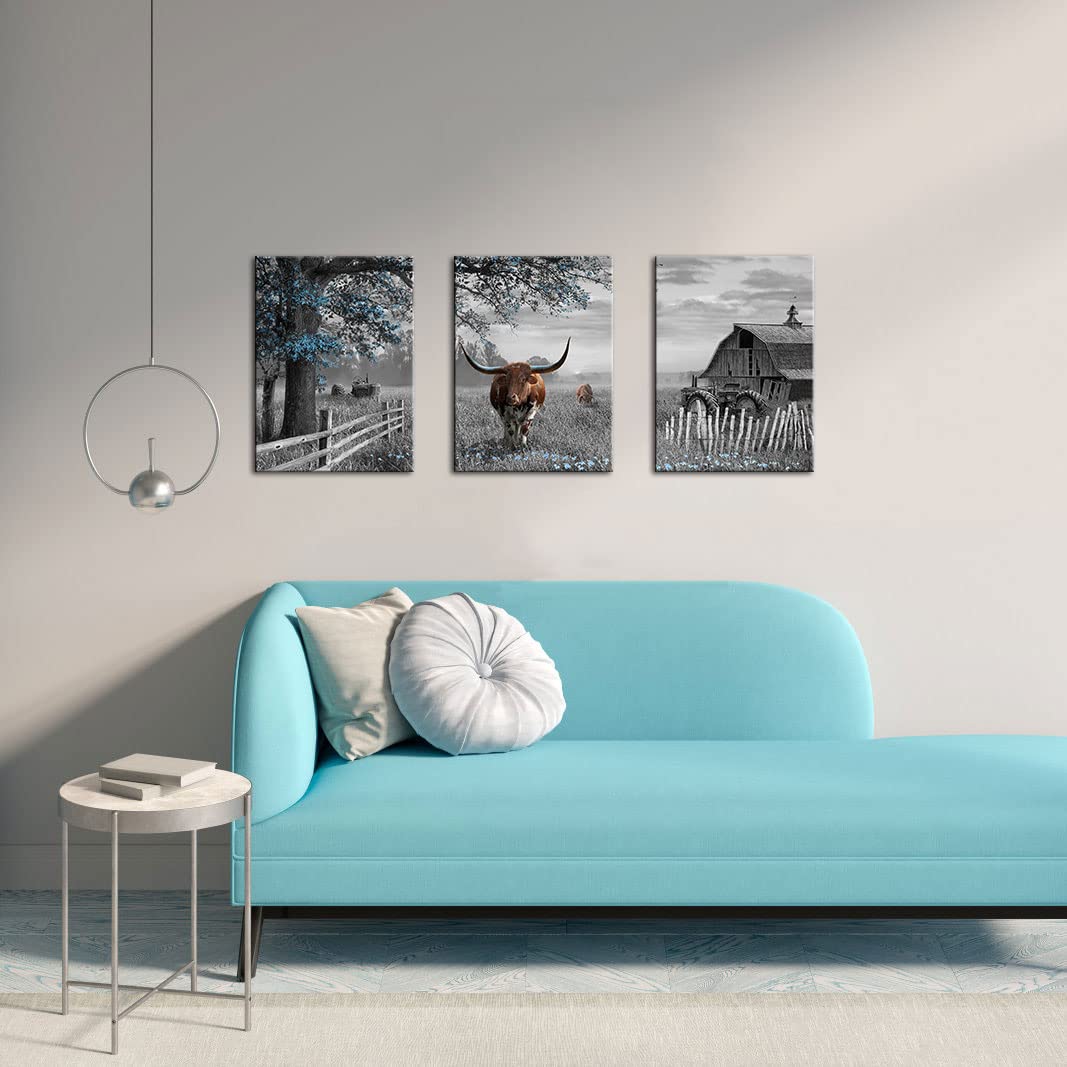 Yiijeah Western Wall Decor - Rustic Blue Tree Brown Cow 3 Piece Wall Art - Farmhouse Black And White Picture Canvas Artwork For