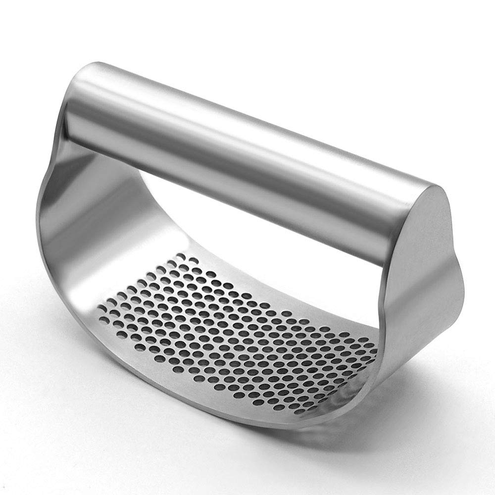 Suparo Garlic Press Rocker Stainless Steel, Fruit Crusher With Comfortable Handle Porous Surface, Easy Use & Clean, Vegetable Sq