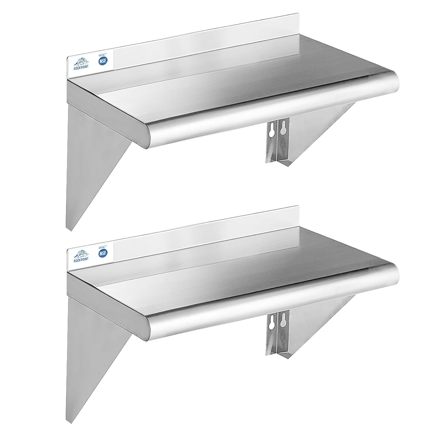 ROCKPOINT Stainless Steel Shelf 10 x 24 Inches 210lb, 2 Pack NSF Metal Commercial Shelves Wall Mount Floating Shelving with Back