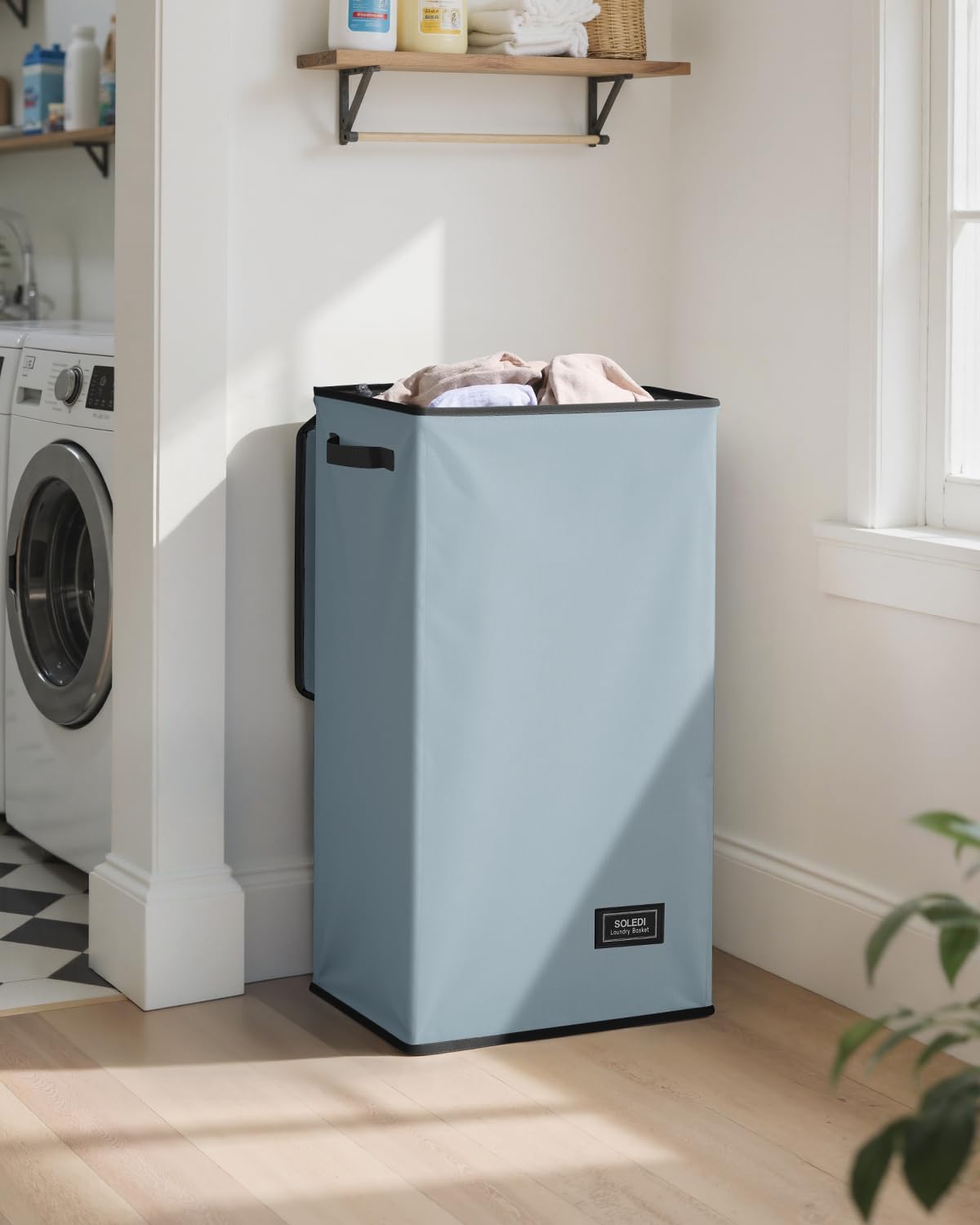 SOLEDI Laundry Hamper with Lid 100L Large & Tall Collapsible Laundry Basket  Clothes Hamper with Bag Removable Easy to Carry  Dirty Hampers for Bedroom  Bathroom  Dorm  College  Blue Grey