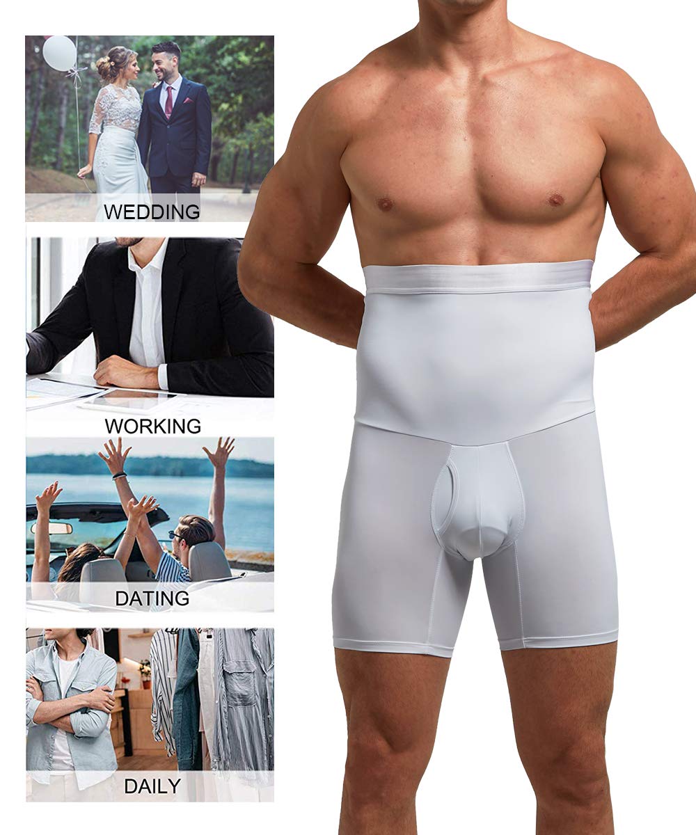 Quafort Men Tummy Control Shorts High Waist Slimming Shapewear Body Shaper Leg Underwear Briefs White