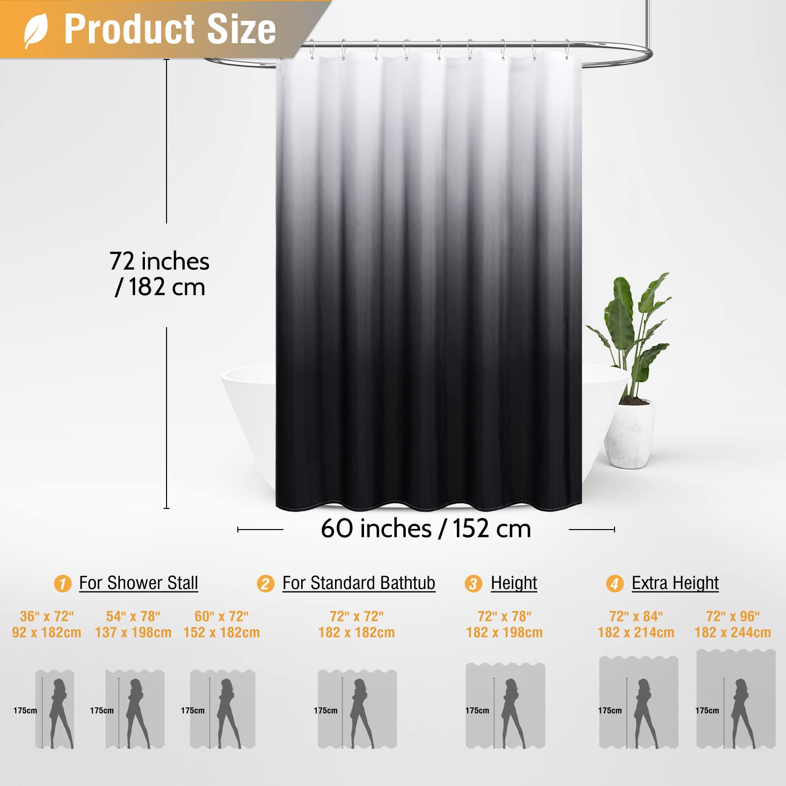 BTTN 60 Inch Stall Shower Curtain - Ombre Linen Textured Weighted Water-Repellent Fabric Shower Curtain Set with 10 Plastic Hooks  Narrow Modern Decorative Curtains for Bathroom Showers  60x72  Black