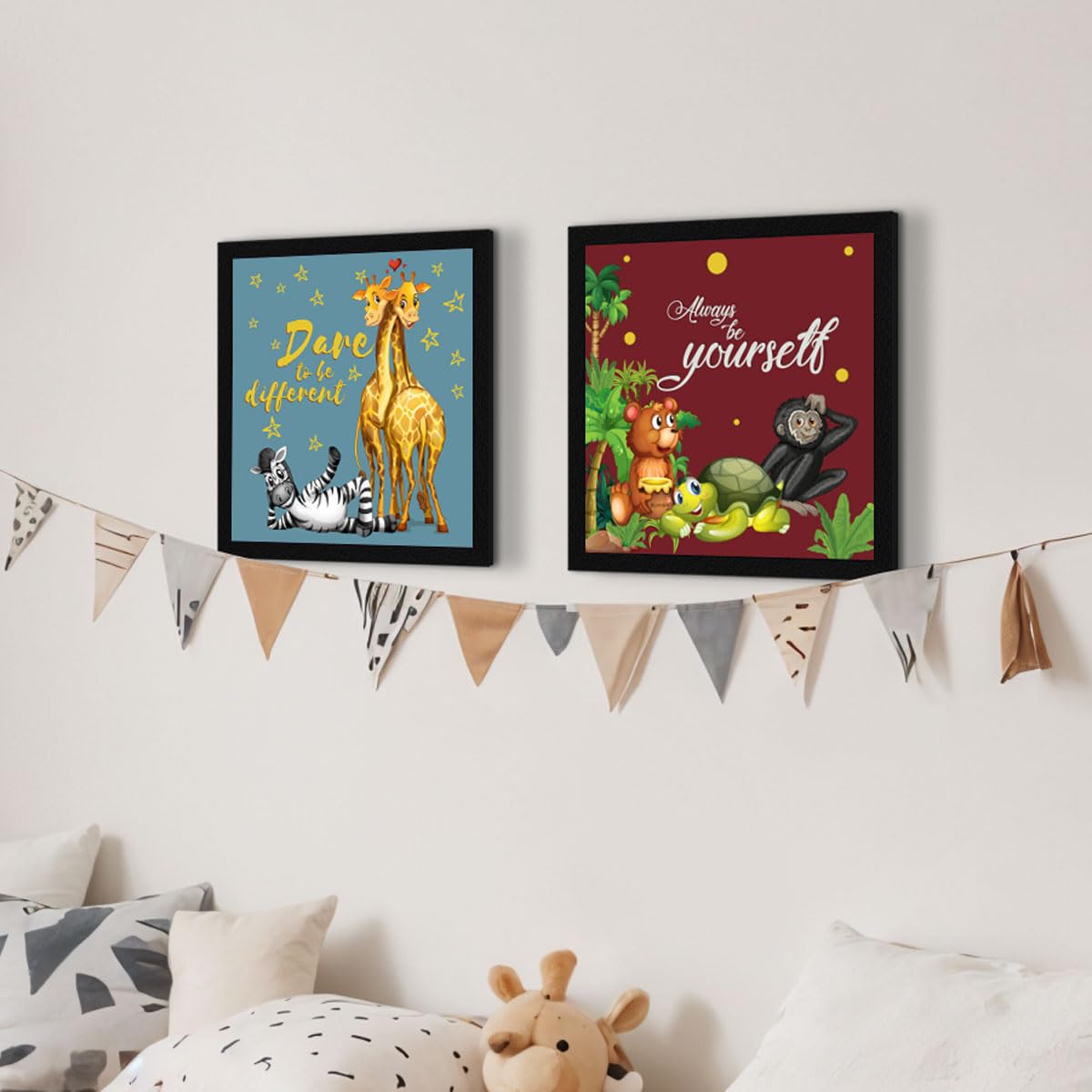 Artx Set Of 4 Cartoons Animals Kids Room Wall Art Painting, Framed Paintings 20 X 20 Inches, 10 X 10 Each, Multicolor, Synthetic