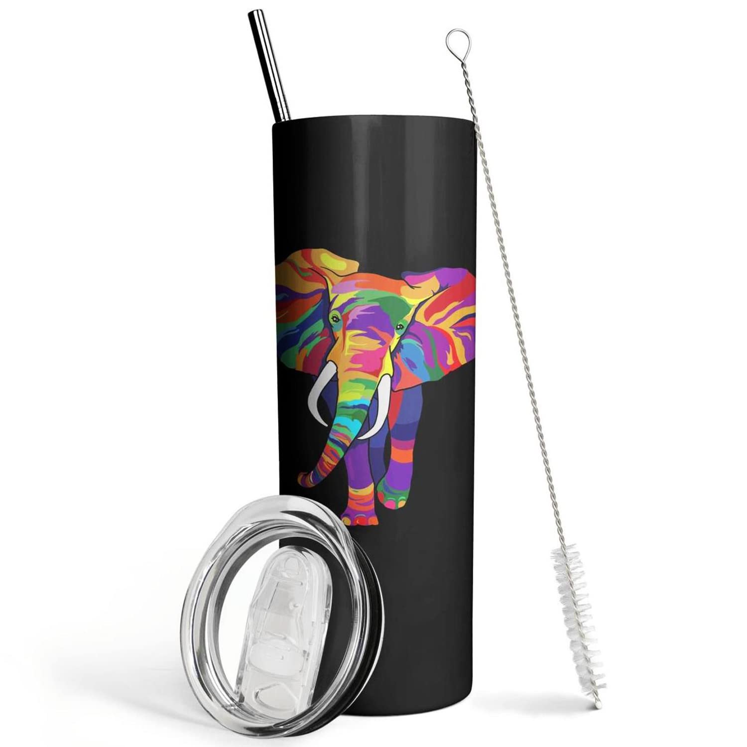 Elephant Tumbler With Lid And Straw- Elephant Gifts For Women, Men - Colorful Elephants Cup, Skinny Tumbler, Water Bottle, Coffe