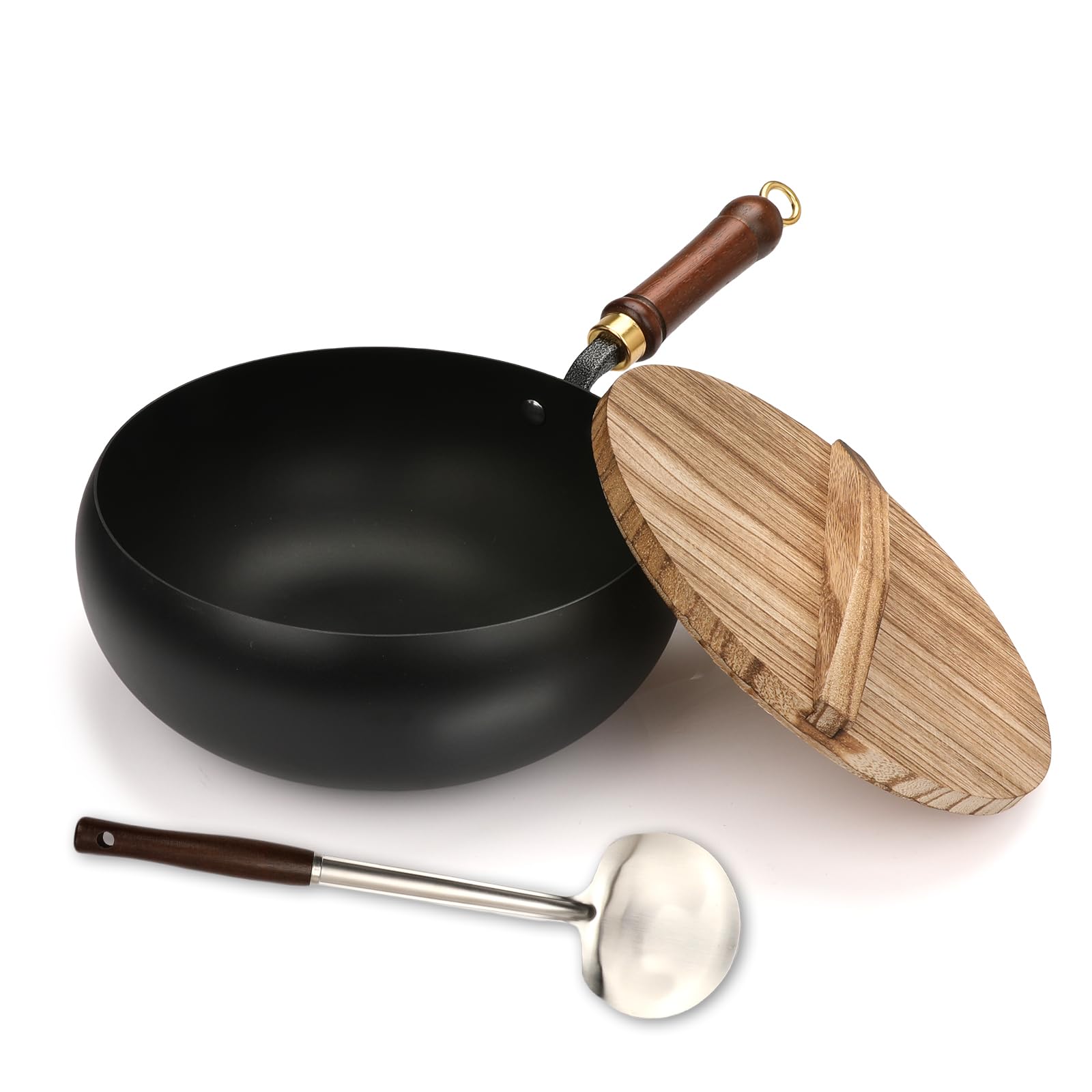 Pyrrhiax Japanese Iron Wok Pan with Wooden Lid and Spatula, 11.02 Inch