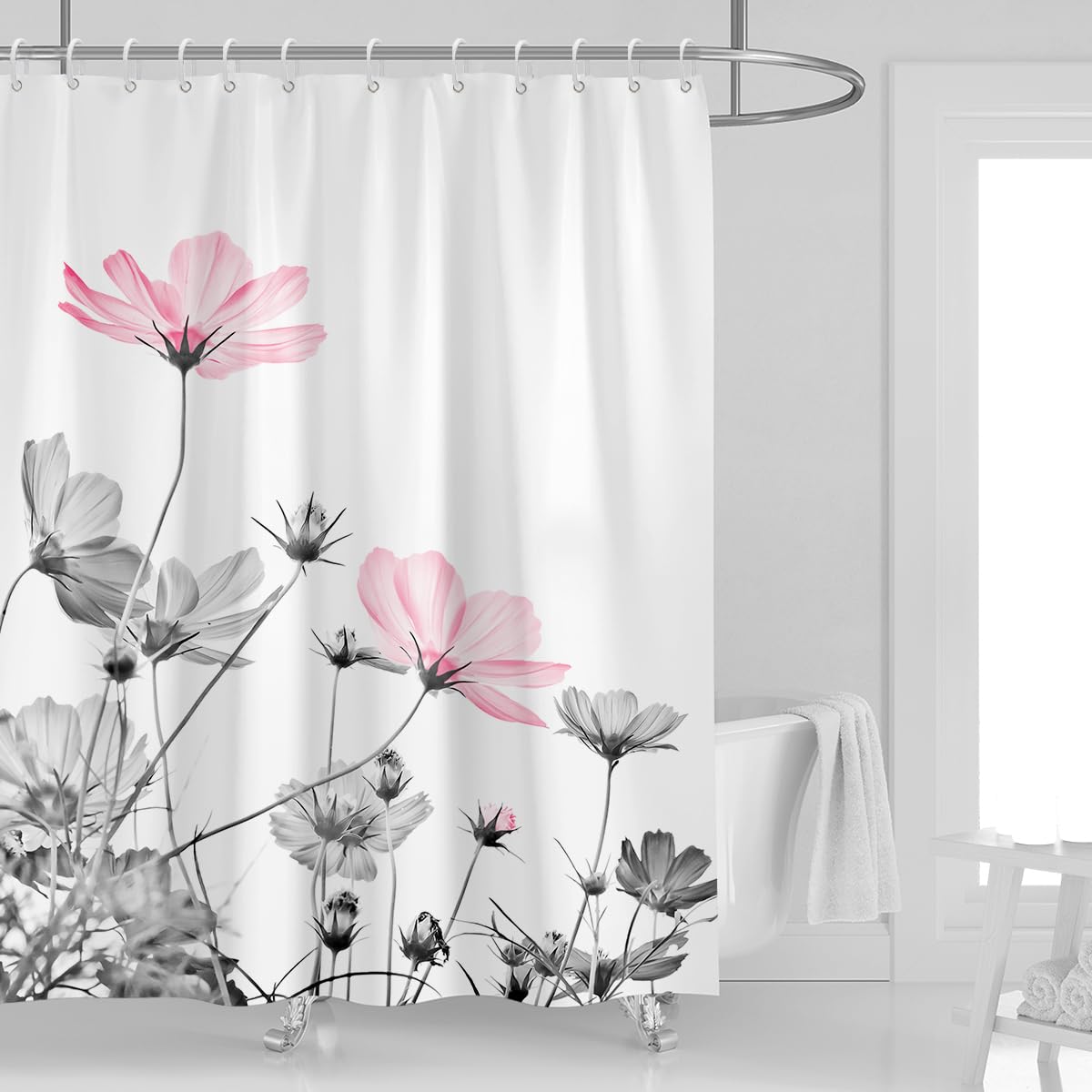 Kikiry 72''W X 72''L Shower Curtain Pink Grey Flowers Gray White Wildflower Daisy Floral Plant Ink Painting Botanical Simple Ele