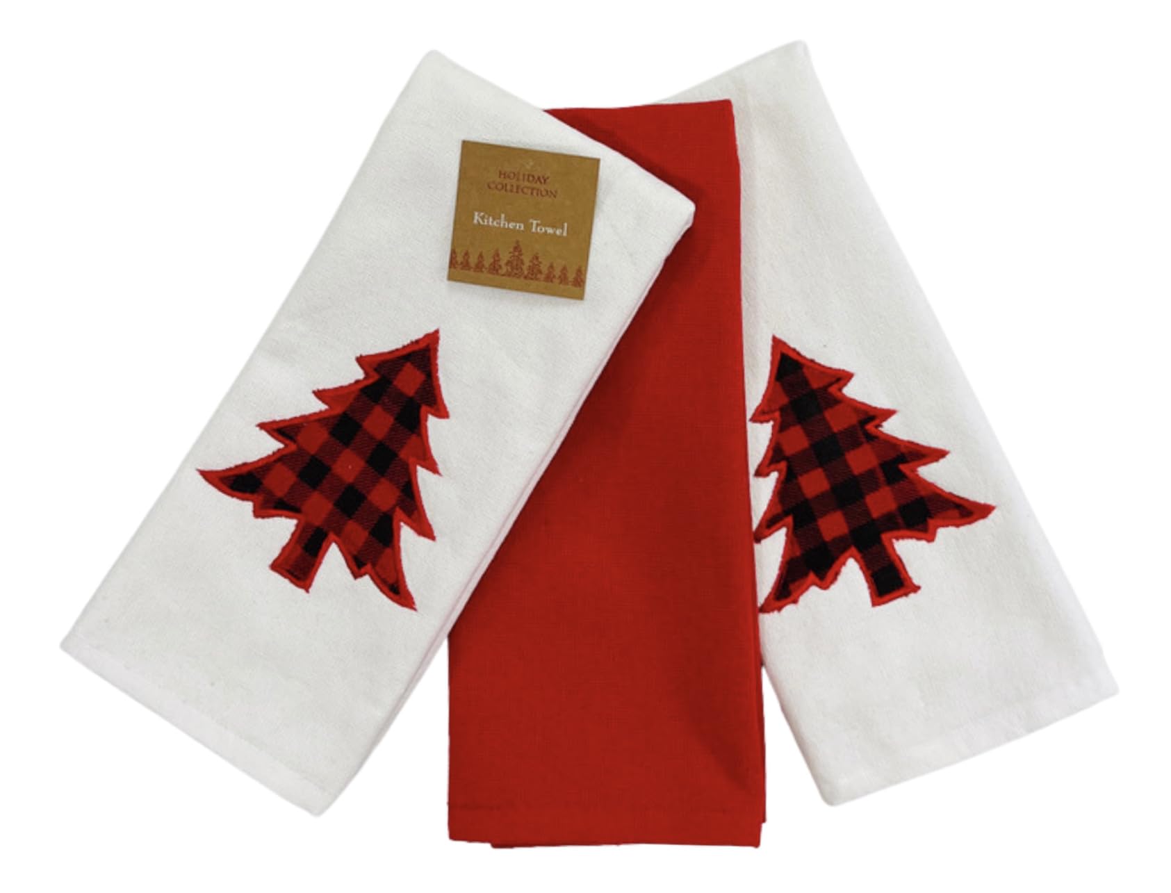 Serafina Home Holiday Winter Kitchen Hand Towels: Two Checkered Trees And One Solid Towels: 100% Cotton 3 Pc