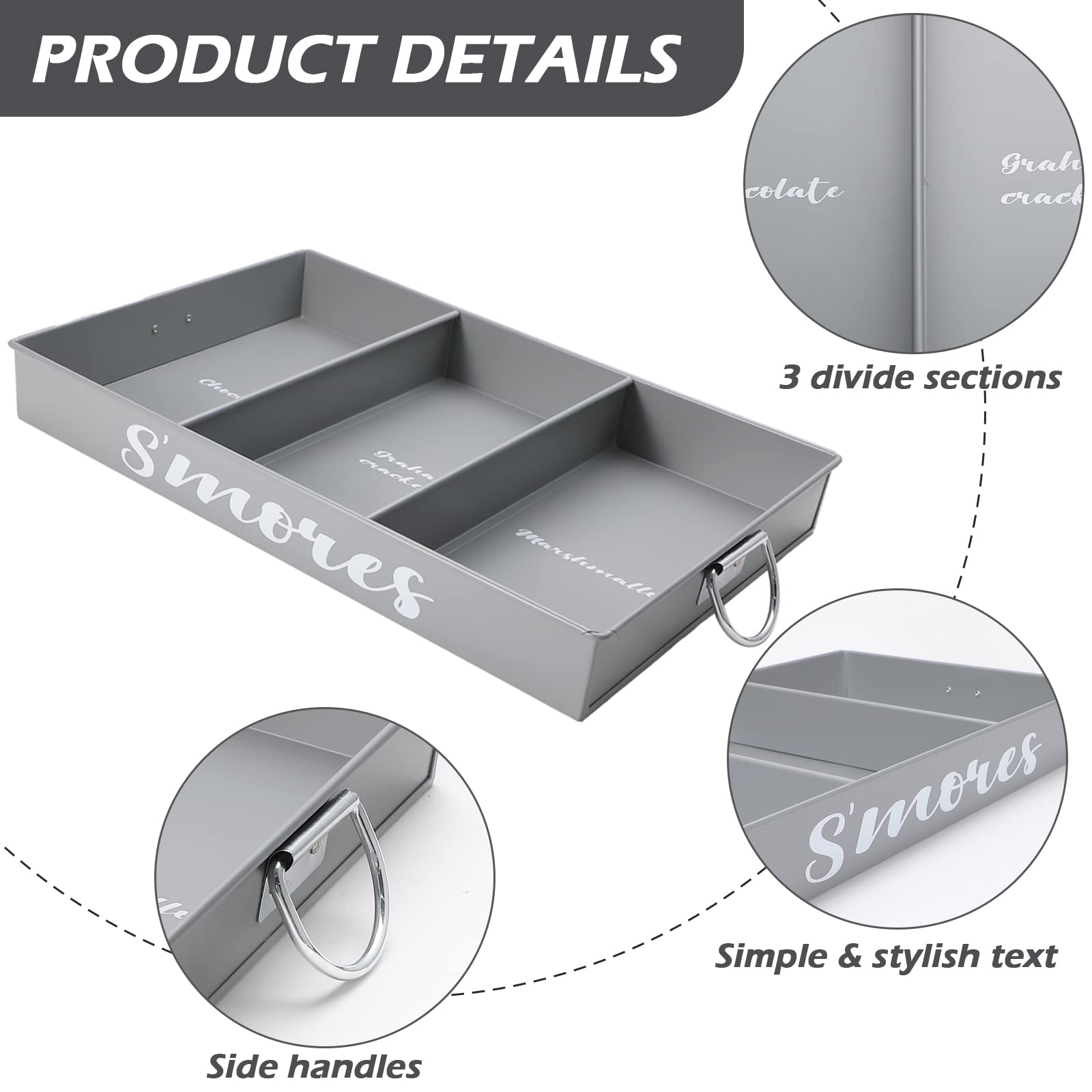 Webake Smores Tray With Food Tongs, Grey S'Mores Station Farmhouse S'Mores Bar Holder With Handles Rectangle Divided Metal Servi