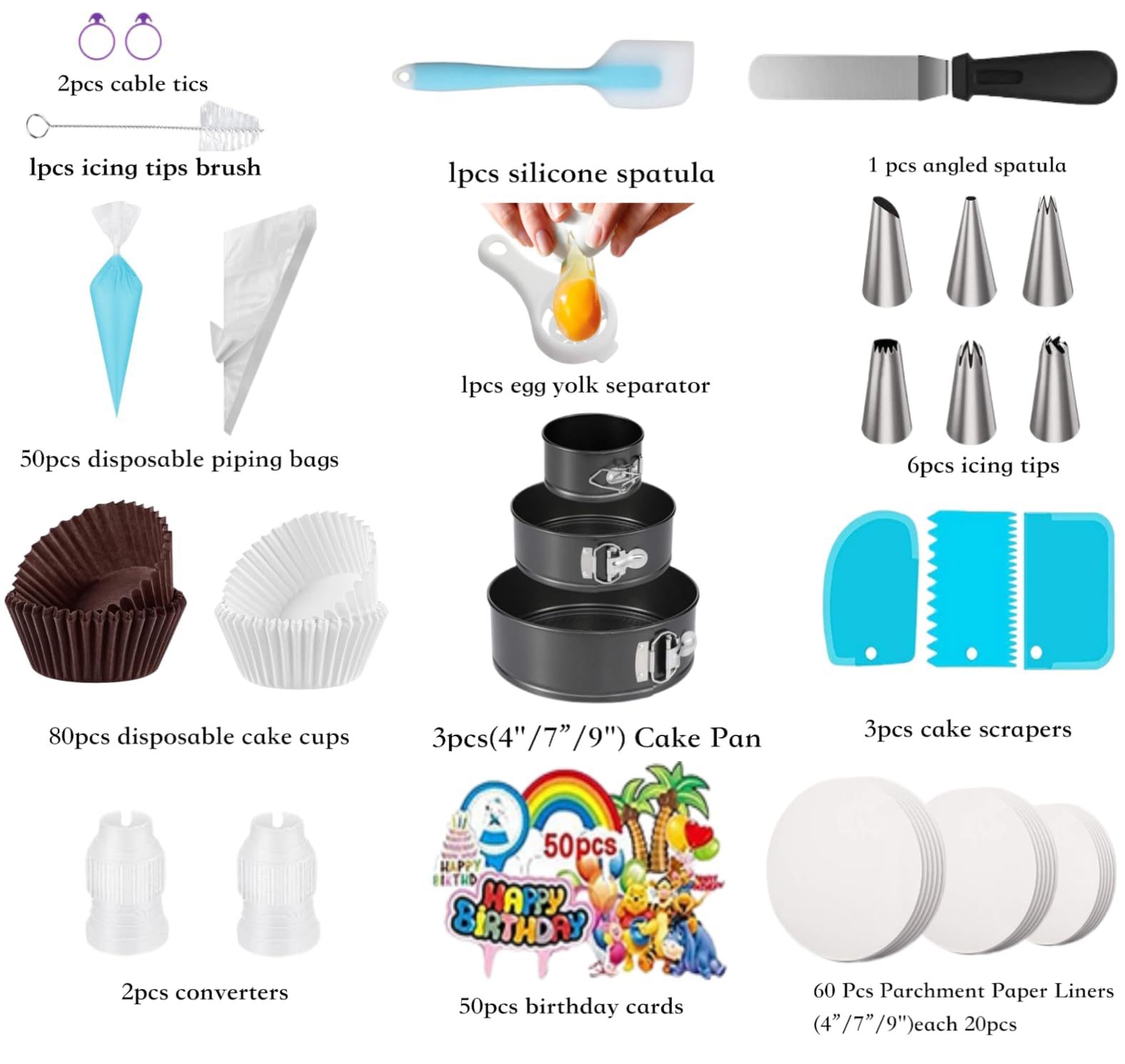 Ruisenlai 260Pcs Cake Pan Set For Baking + Cake Decorating Supplies: 3 Round Non Stick Springform Pan Set (4, 7, 9 Inches), Icin