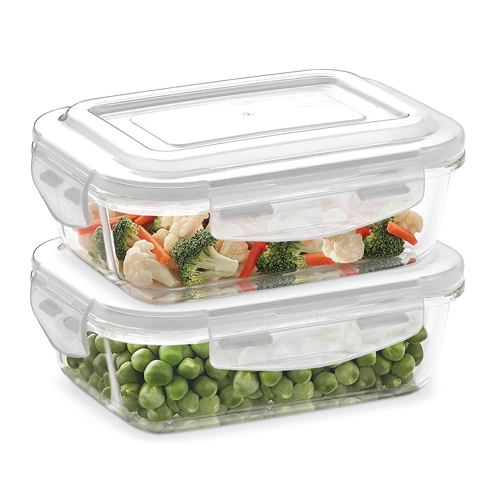 Borosil Klip N Store Glass Storage Containers For Kitchen With AirTight Lids, Microwave & Oven Safe, Rectangular, Set Of 2 (370