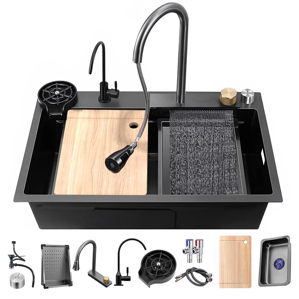 Black 304 Stainless Steel Nano Undermount/Drop In Waterfall Single Bowl Kitchen Sink With Pull-Out Faucet,Knob Control Workstati