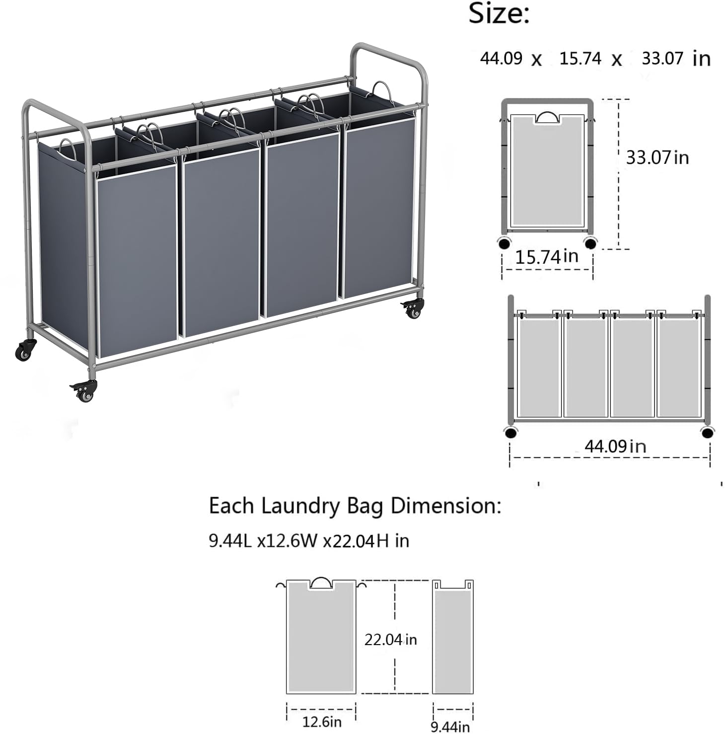 Linzinar 4 Bag Laundry Basket Sorter Laundry Hamper Cart With Heavy Duty Rolling Lockable Wheels And Removable Bags, Grey