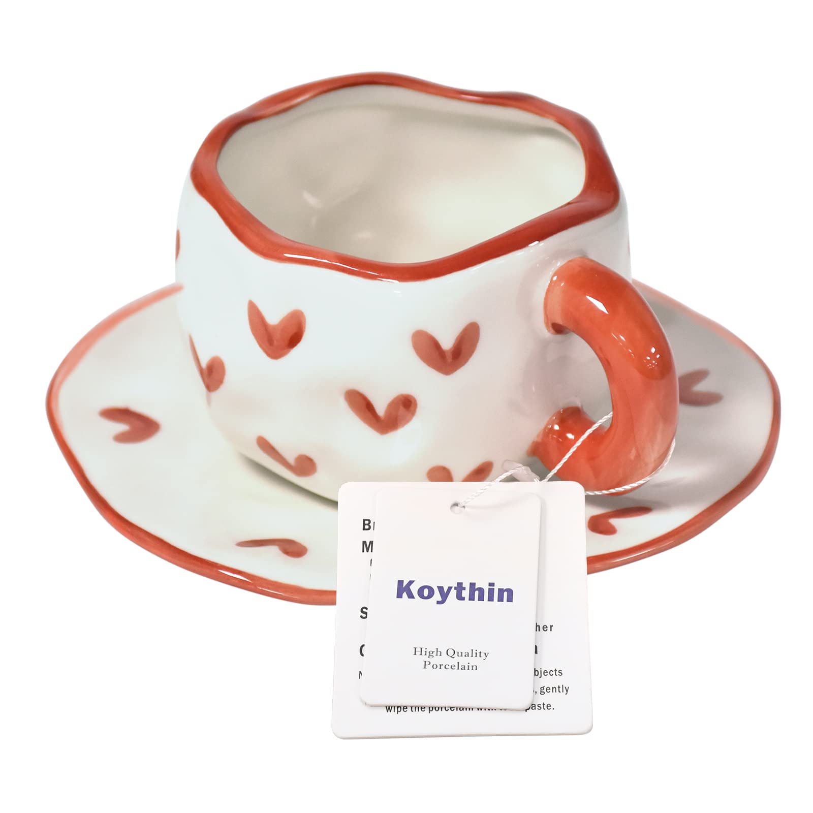 Koythin Ceramic Coffee Mug With Saucer Set, Cute Creative Cup Unique Irregular Design For Office And Home, Dishwasher And Microw