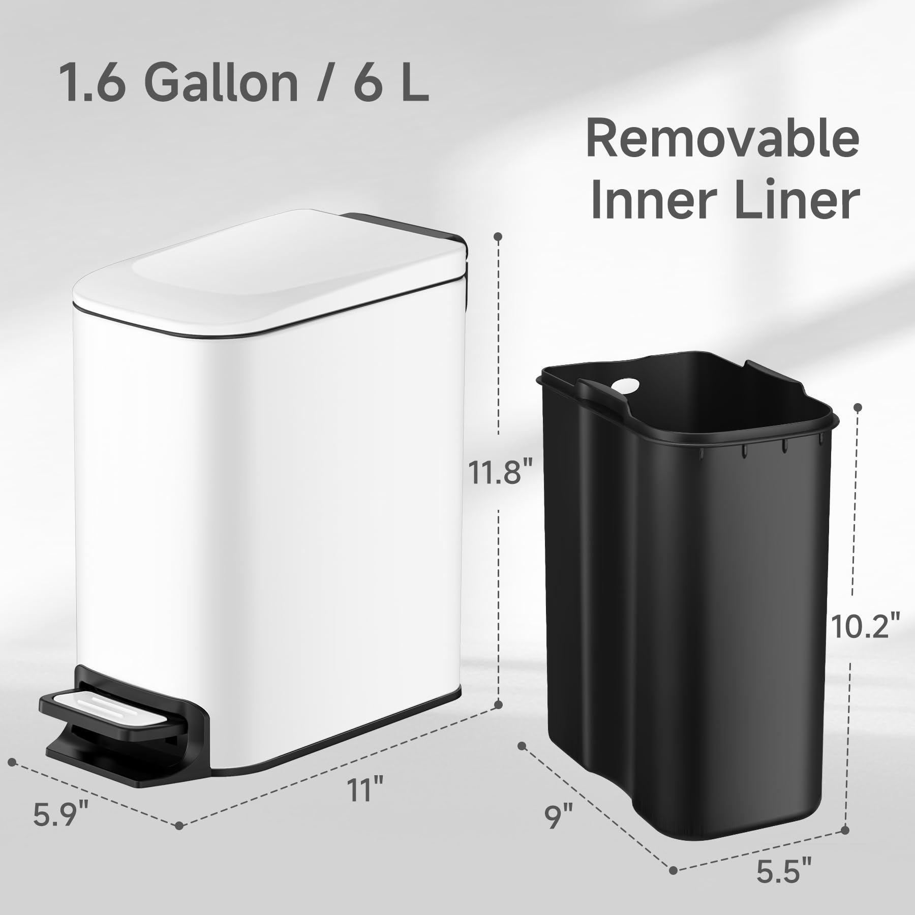 Tipgo Slim Bathroom Trash Can With Lid Soft Close, 6 Liter / 1.6 Gallon Stainless Steel Garbage Can With Removable Inner Bucket,