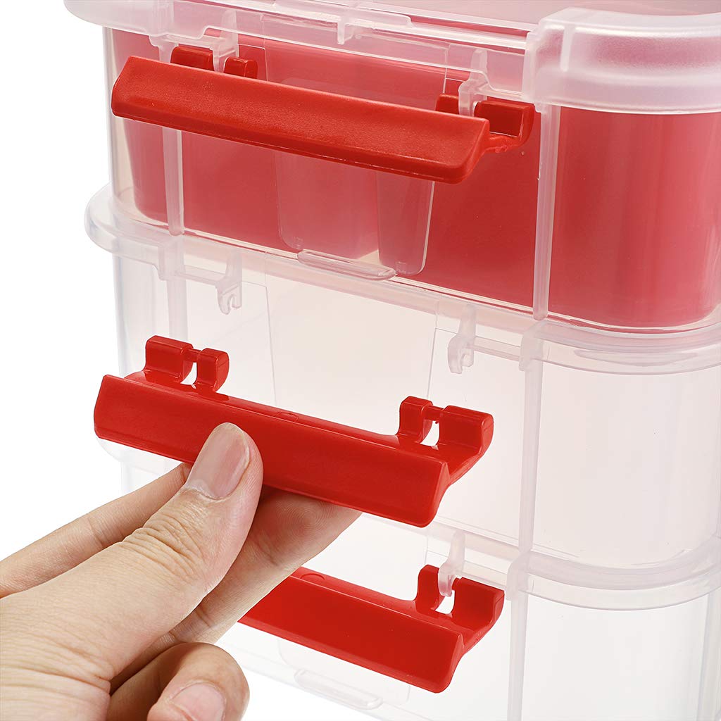 JUXYES 3-Tiers Stack Carry Storage Box With Divided Tray  Transparent Stackable Storage Bin With Handle Lid Latching Storage Container for School & Office Supplies (Red)