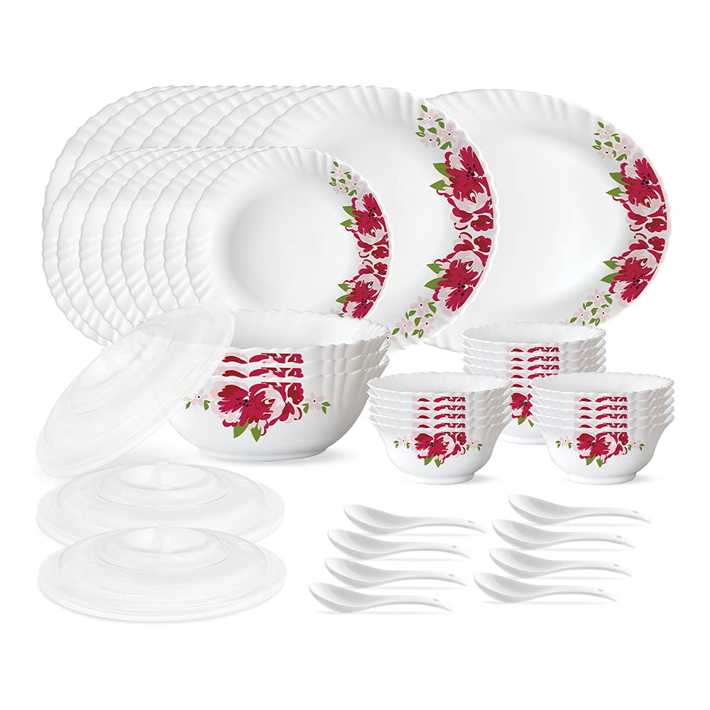 Larah By Borosil Rose Red Silk Series Opalware Dinner Set | 47 Pieces For Family Of 8 | Microwave & Dishwasher Safe | Bone-Ash F