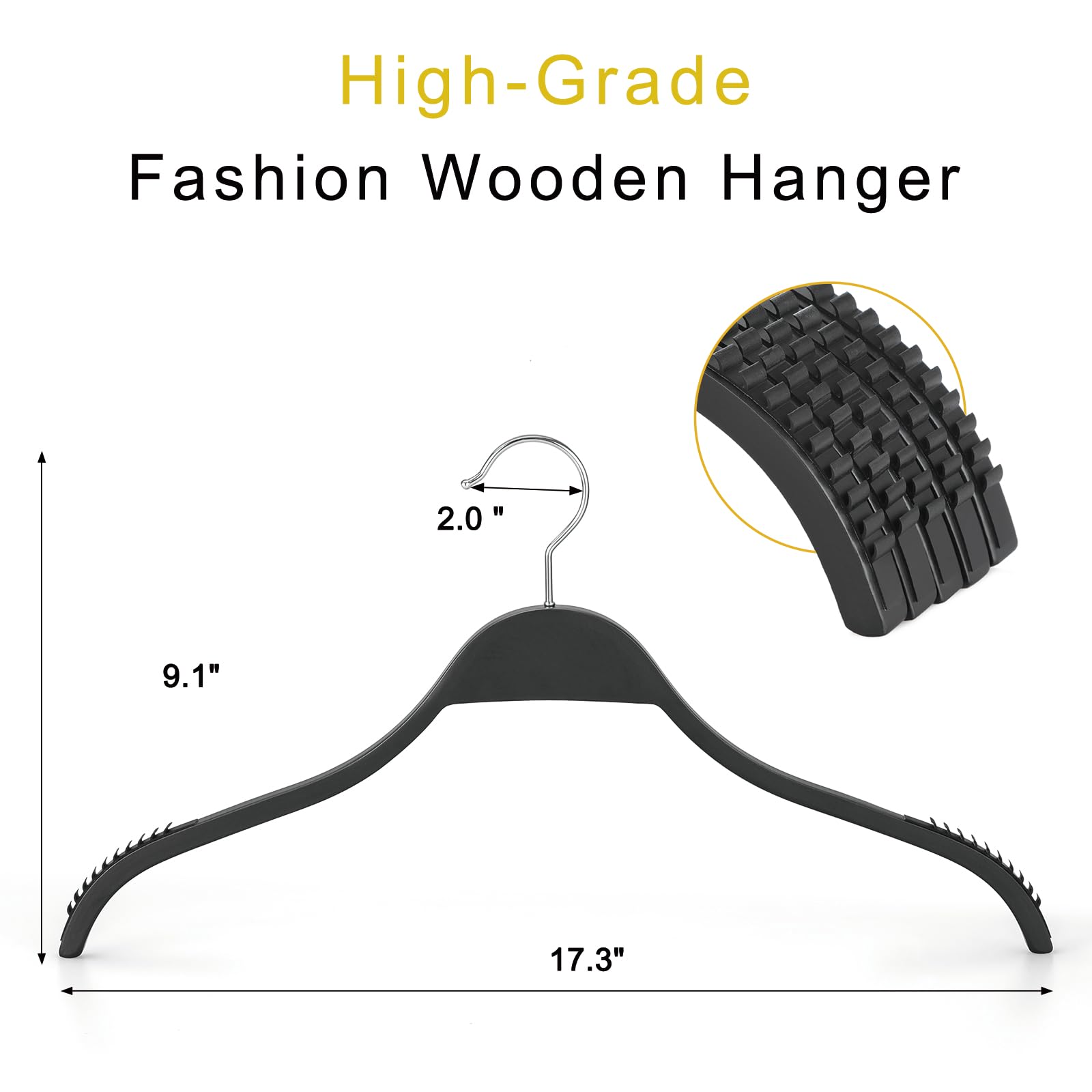 Topia Hanger Slim Wooden Hangers With Extra Soft Non-Slip Rubber Grips, 18-Pack High-Grade Fashion Black Hanger No Shoulder Bump
