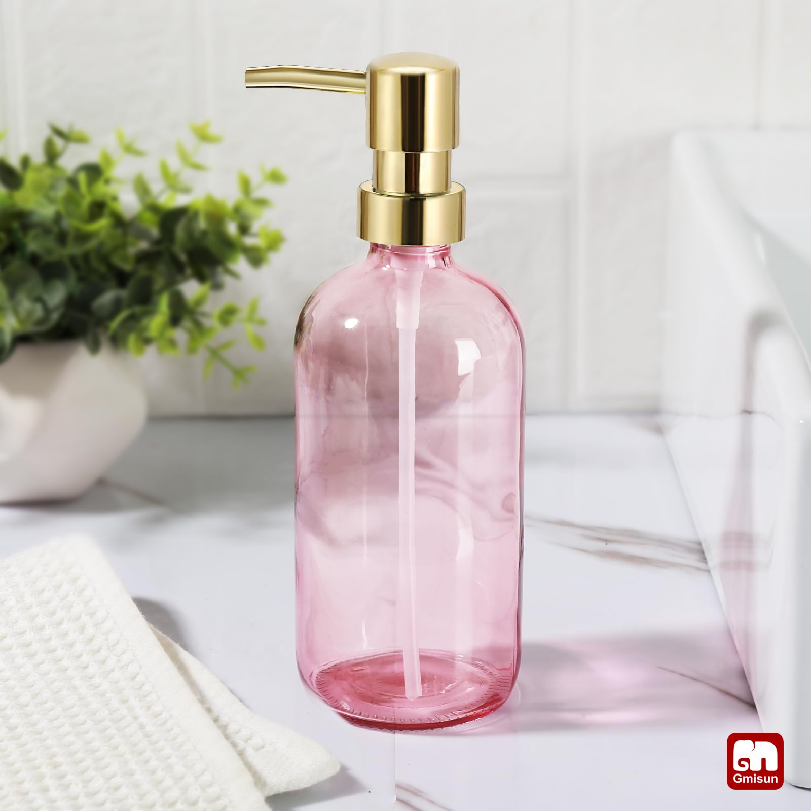 Gmisun Pink Soap Dispenser Bathroom, 1 Pack Glass Dish Soap Dispenser For Kitchen With Rustproof Plastic Gold Pump, 16 Oz Bathro