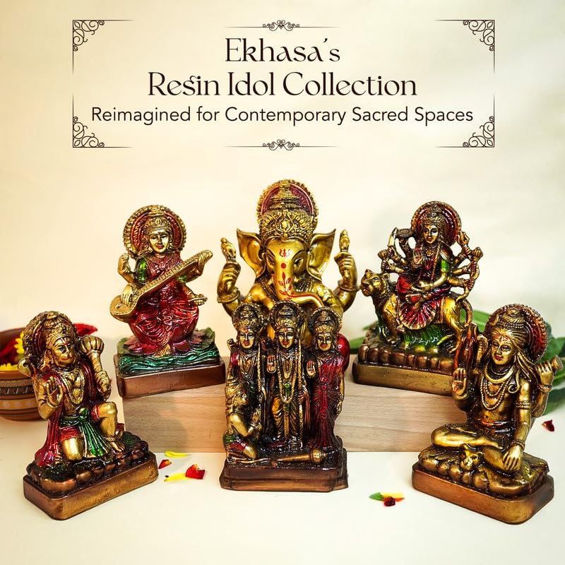 Ekhasa Aura Series Antique Gold Painted Ganesha Idol (5 Inch) | Marble Dust Ganesh Murti For Pooja Room, Home Decor, Office Desk