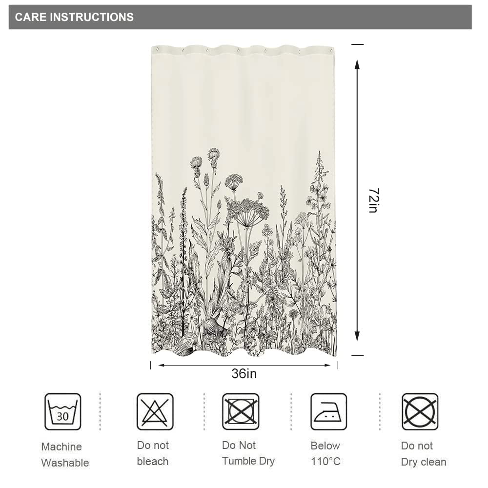 Riyidecor Small Stall Wildflower Farmhouse Half Shower Curtain 36Wx72H Inch Narrow Single Botanical Flower Floral Herbs Bathroom
