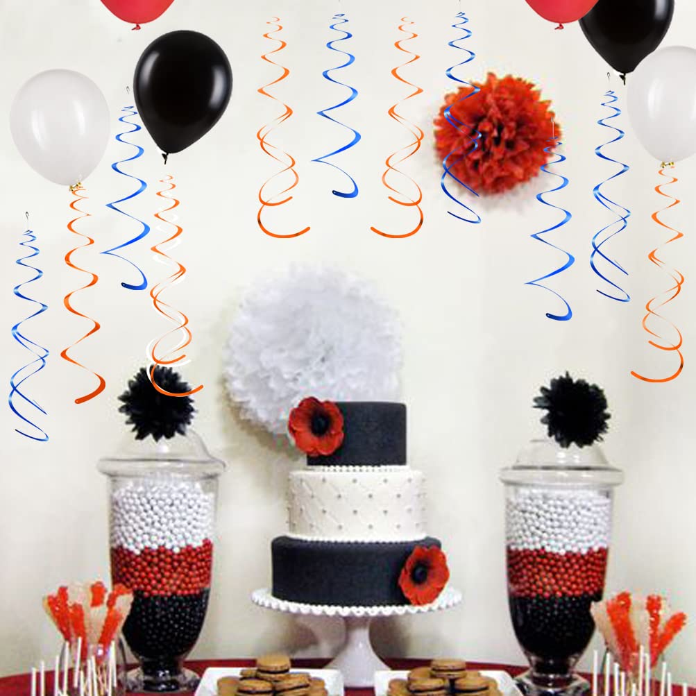 Mowo Orange And Royal Blue Foil Swirl Hanging Decoration For Birthday Graduation New Year Halloween Party Supplies,Pack Of 20