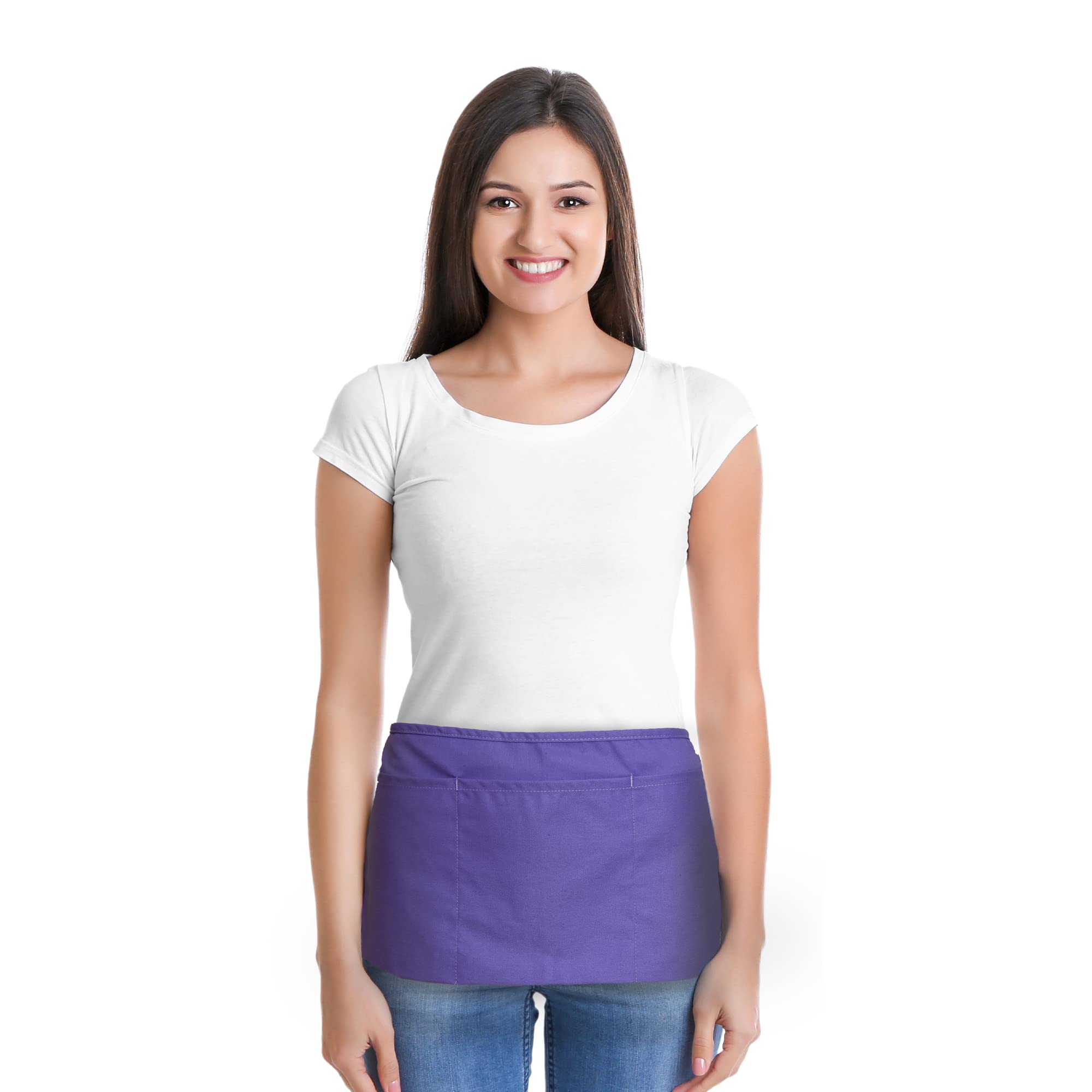 Dalix Waist Aprons Commercial Restaurant Home Bib Spun Poly Cotton Kitchen (3 Pockets) (2, Purple)
