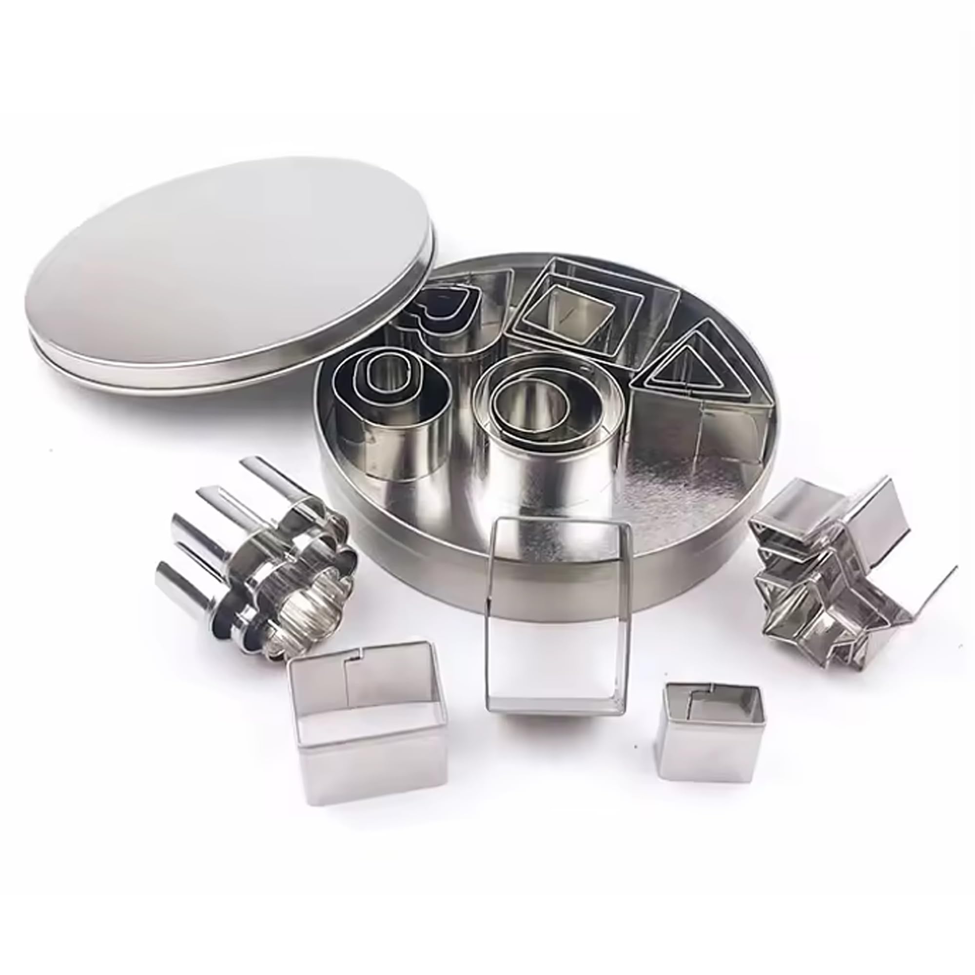 Gadgetime Usa Stainless Steel Mini Cookie Cutter Set (24 Pcs) - Geometric Shapes Biscuit Molds & Stamp - Round, Star, Triangle,