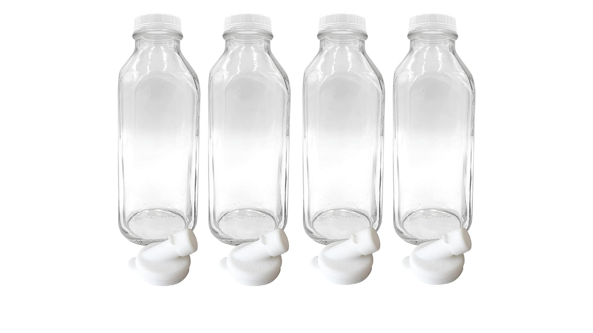 The Dairy Shoppe Heavy Glass Milk Bottles - Jugs With Lids And Silicone Pour Spouts - Clear Milk Containers For Fridge - Reusabl