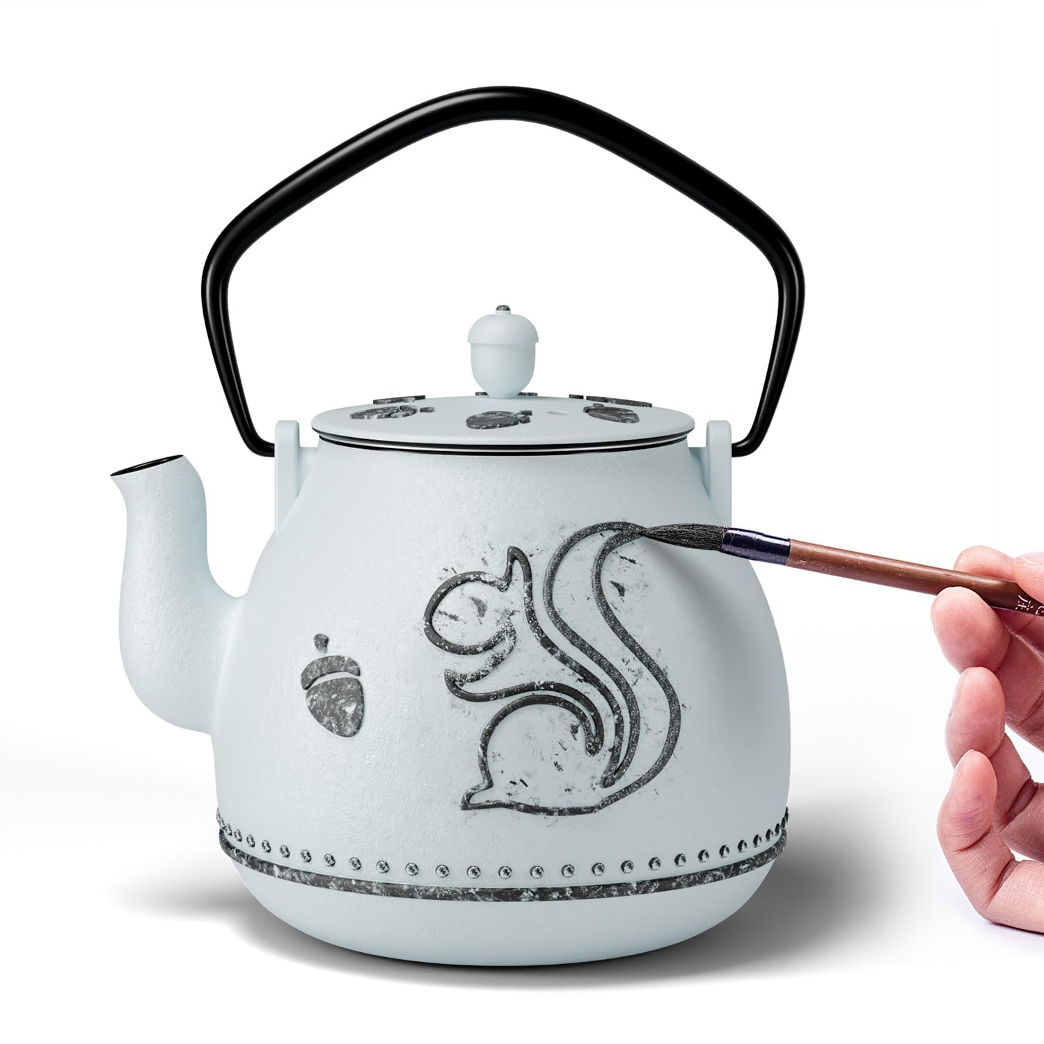 Toptier Teapot with Removable Infuser, Cast Iron Tea Kettle Stovetop Safe, Squirrel Design Tea Pot Coated with Enameled Interior
