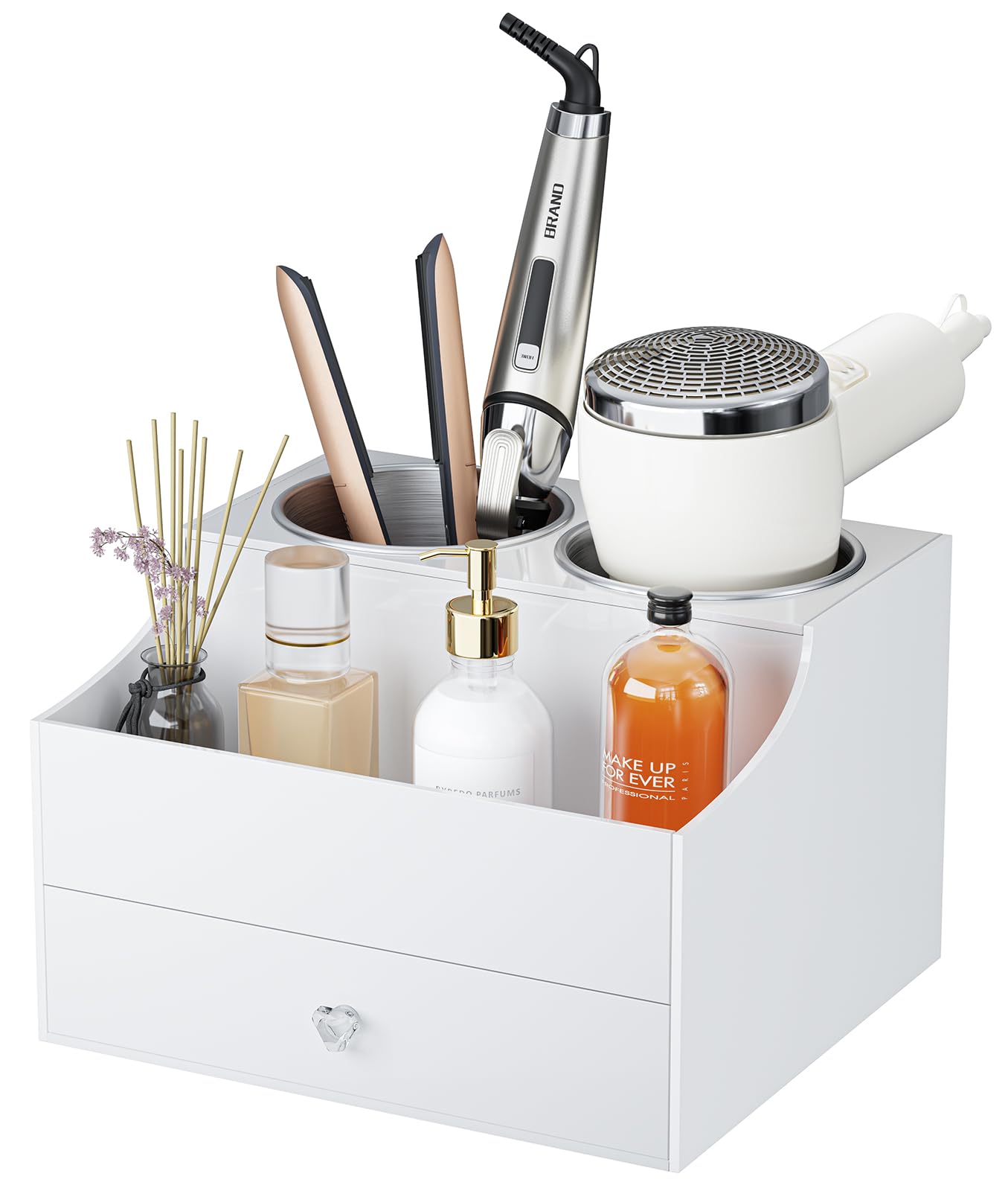 Messmenos Hair Tool Organizer, Acrylic Hair Blow Dryer Holder Stand with Drawer for Straightener and Curling Storage, Bathroom V