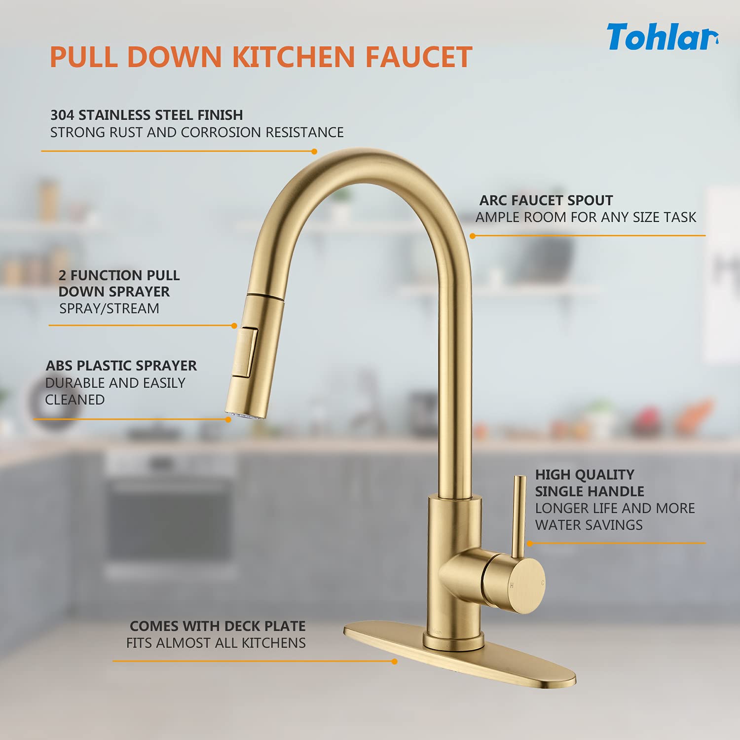 Tohlar Gold Kitchen Faucets With Pull-Down Sprayer, Modern Kitchen Sink Faucet Stainless Steel Single Handle Kitchen Faucet With