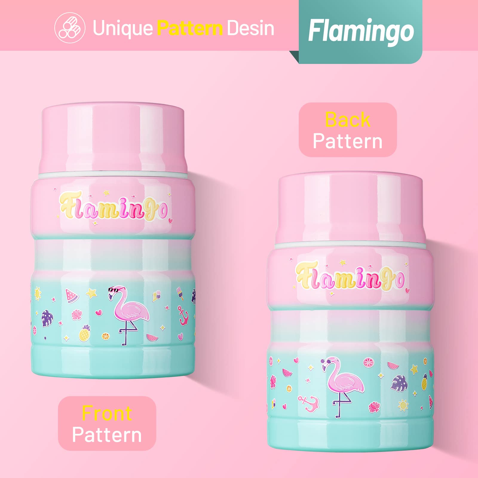 Charcy 17Oz Kids Thermo For Hot Food - Soup Thermo With Folding Spoon - Insulated Food Jar For Hot & Cold Food - Pink Green Flam