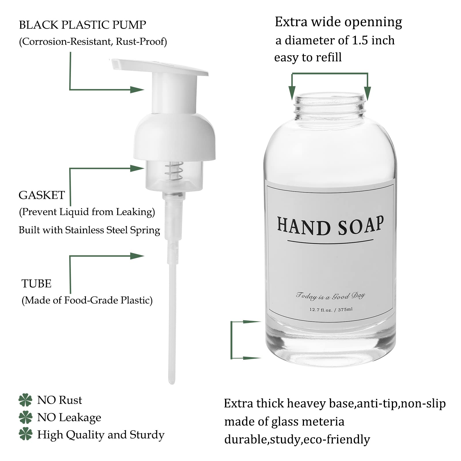 rejomiik 2 Pack Foaming Soap Dispenser Thick Glass Foam Hand Soap Dispenser for Bathroom or Kitchen Sink  13 oz Clear Pump Bottles for Hand soap  Body Wash  White