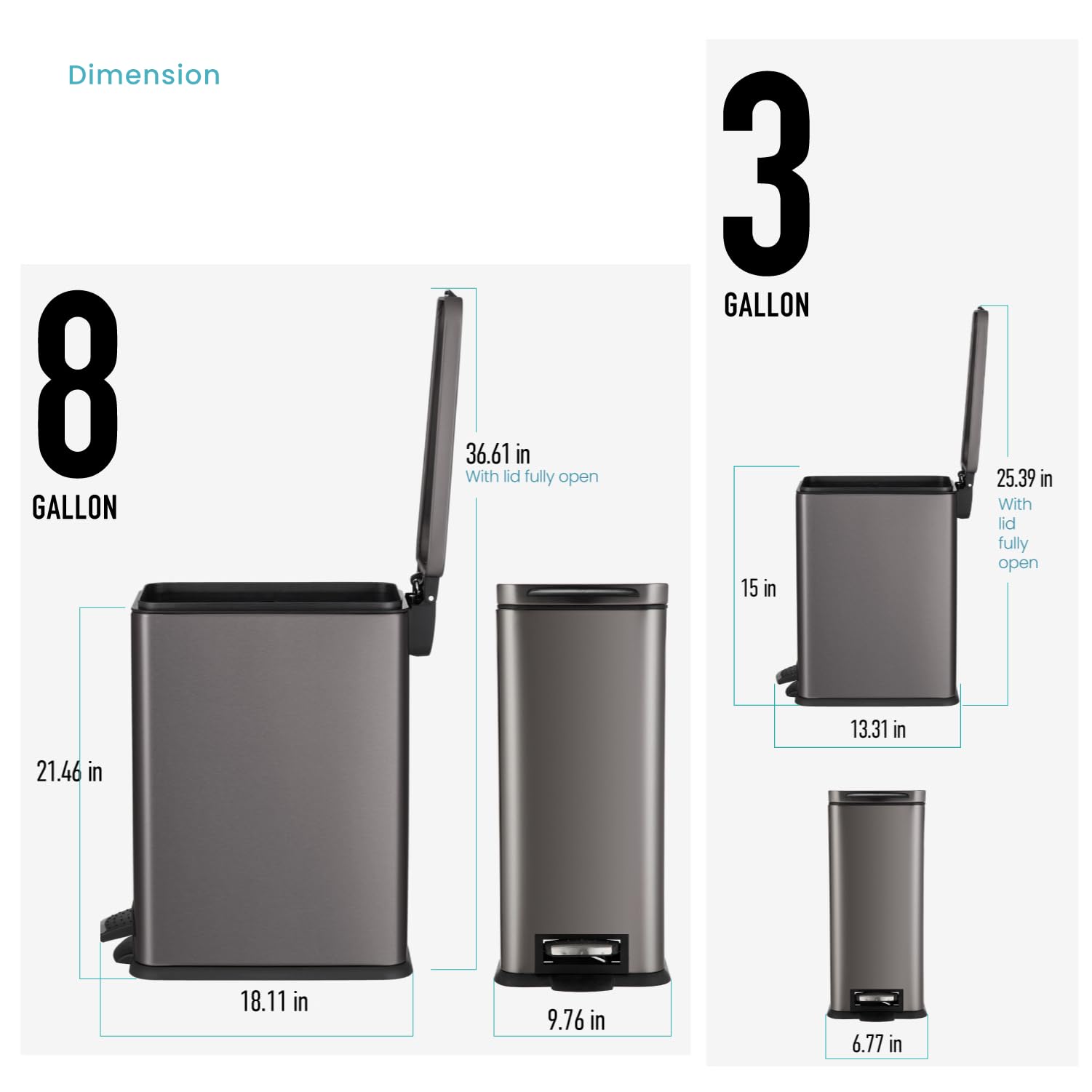 Home Zone Living 8 Gallon and 2.5 Gallon Kitchen Trash Can Combo Value Set  Slim Body Stainless Steel Design  30 Liter and 9.7 Liter Capacity  Black