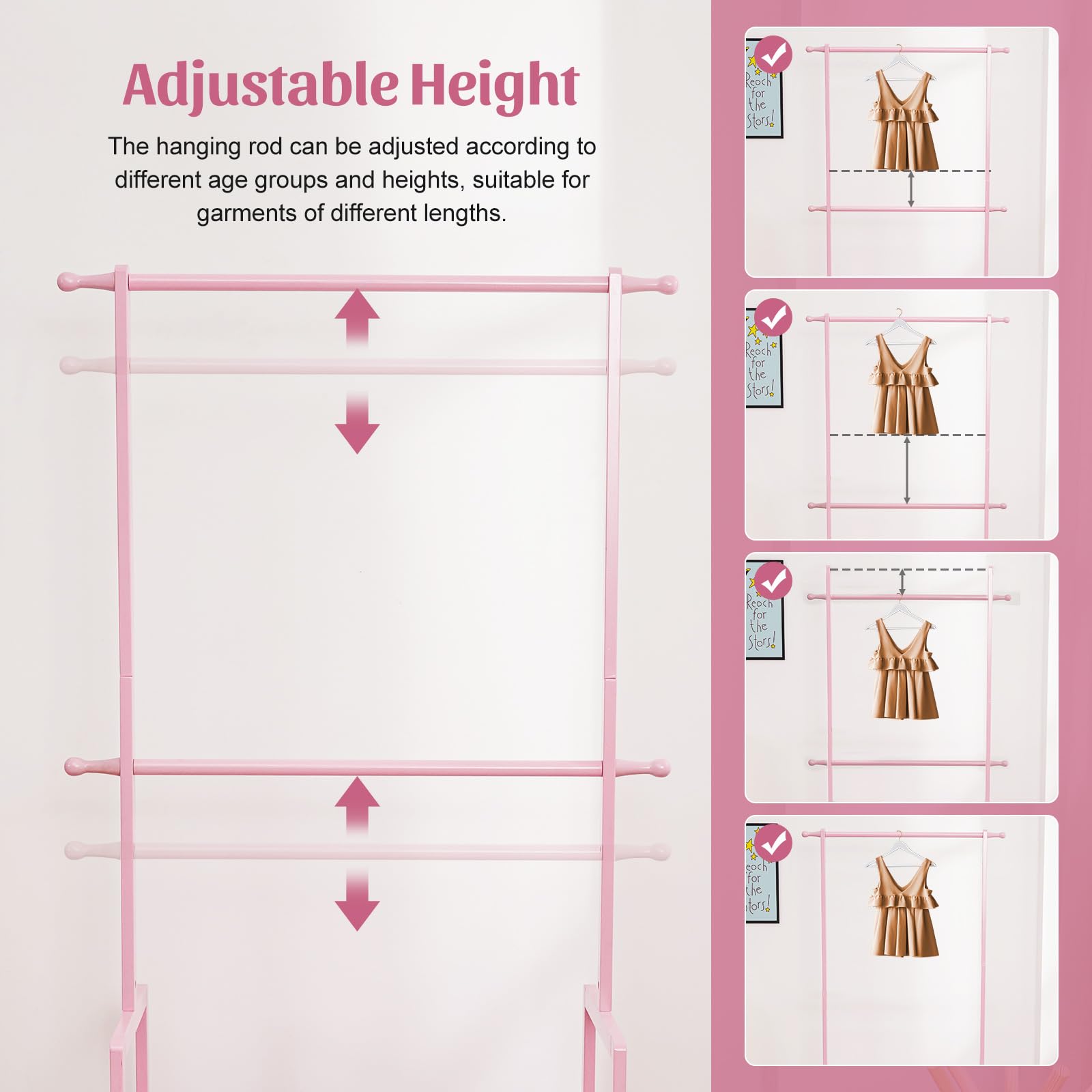 Vilaxing Bamboo Kids Clothing Rack with 2 Baskets & Adjustable Rods, Pink, Model UF101, Ideal for Playroom & Bedroom
