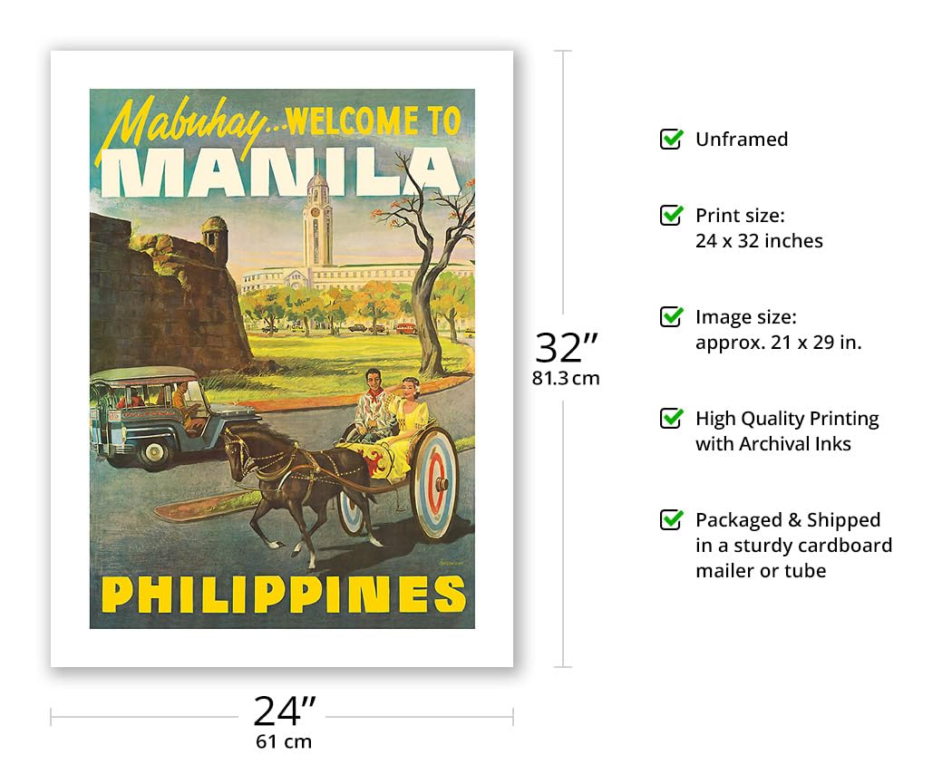 Manila Philippines - Mabuhay (Welcome) - Vintage Travel Poster C.1950S - Fine Art Matte Paper Print (Unframed) 24X32In