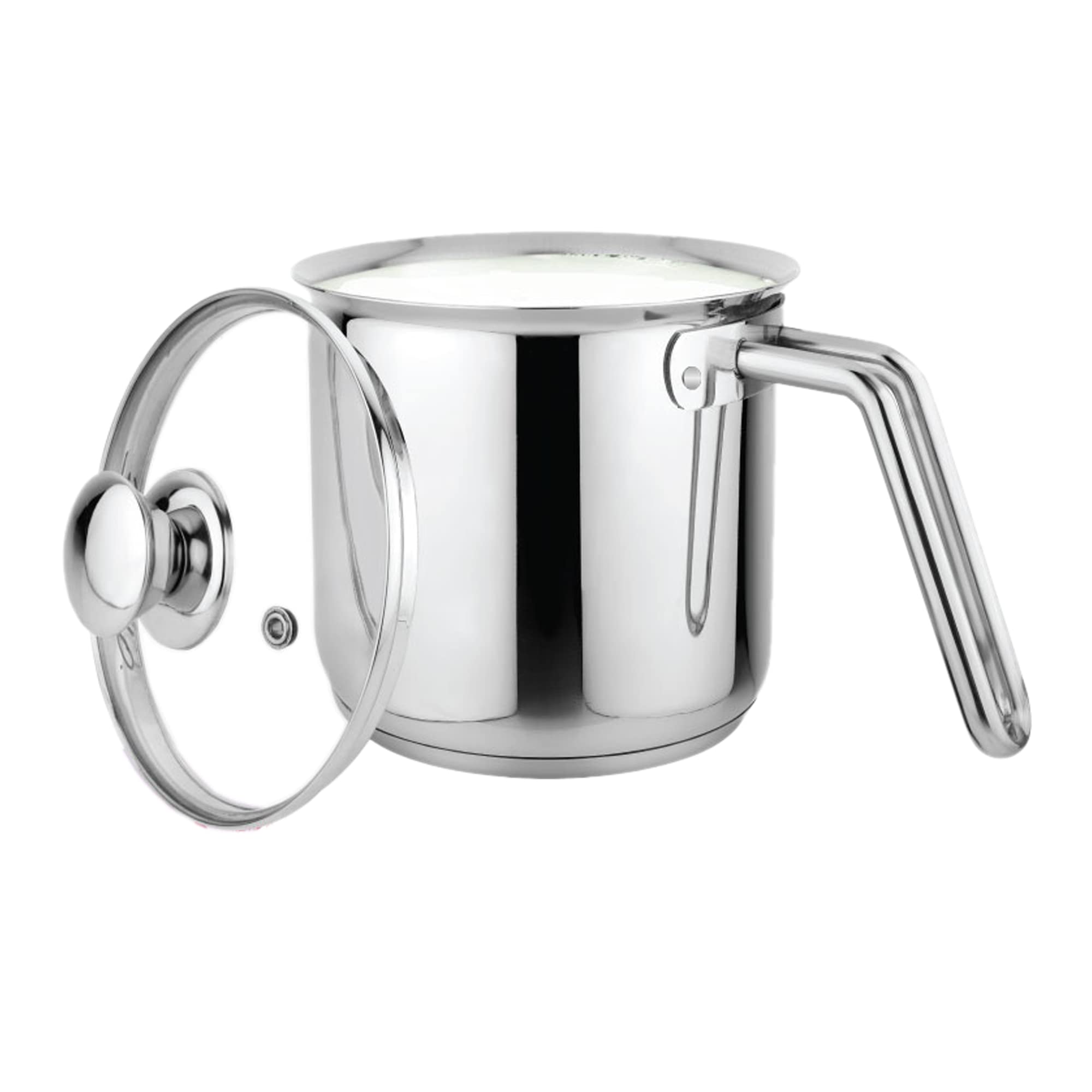 Prabha Stainless Steel Milk Pot With Handle 14Cm .18 Litre | Milk Boiler Glass Lid Steam Vent | Kitchen Tea Container Water Boil