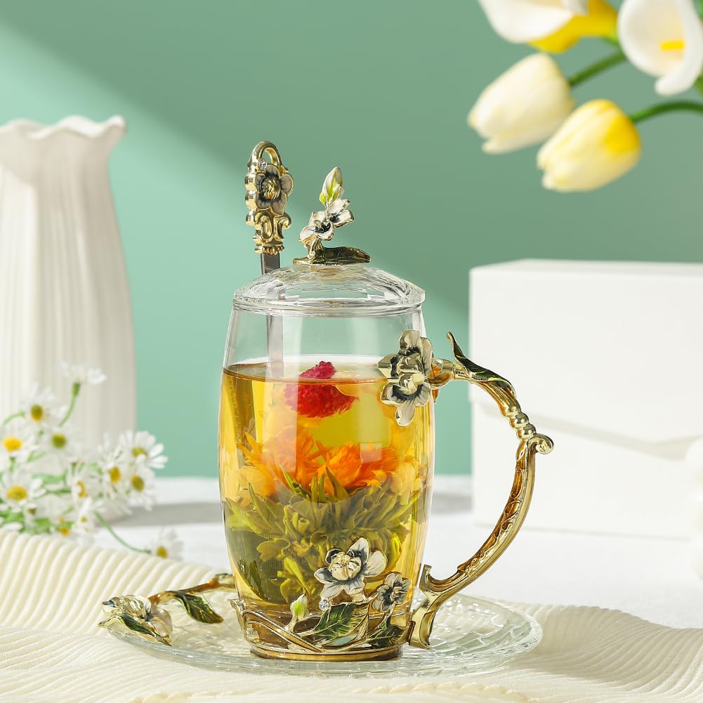LANTREE Unique Tea Cups Mother's Day Gift Enamels Flower Glass Coffee Mug with Spoon Jasmine Cups Birthday Christmas Gift for Wo